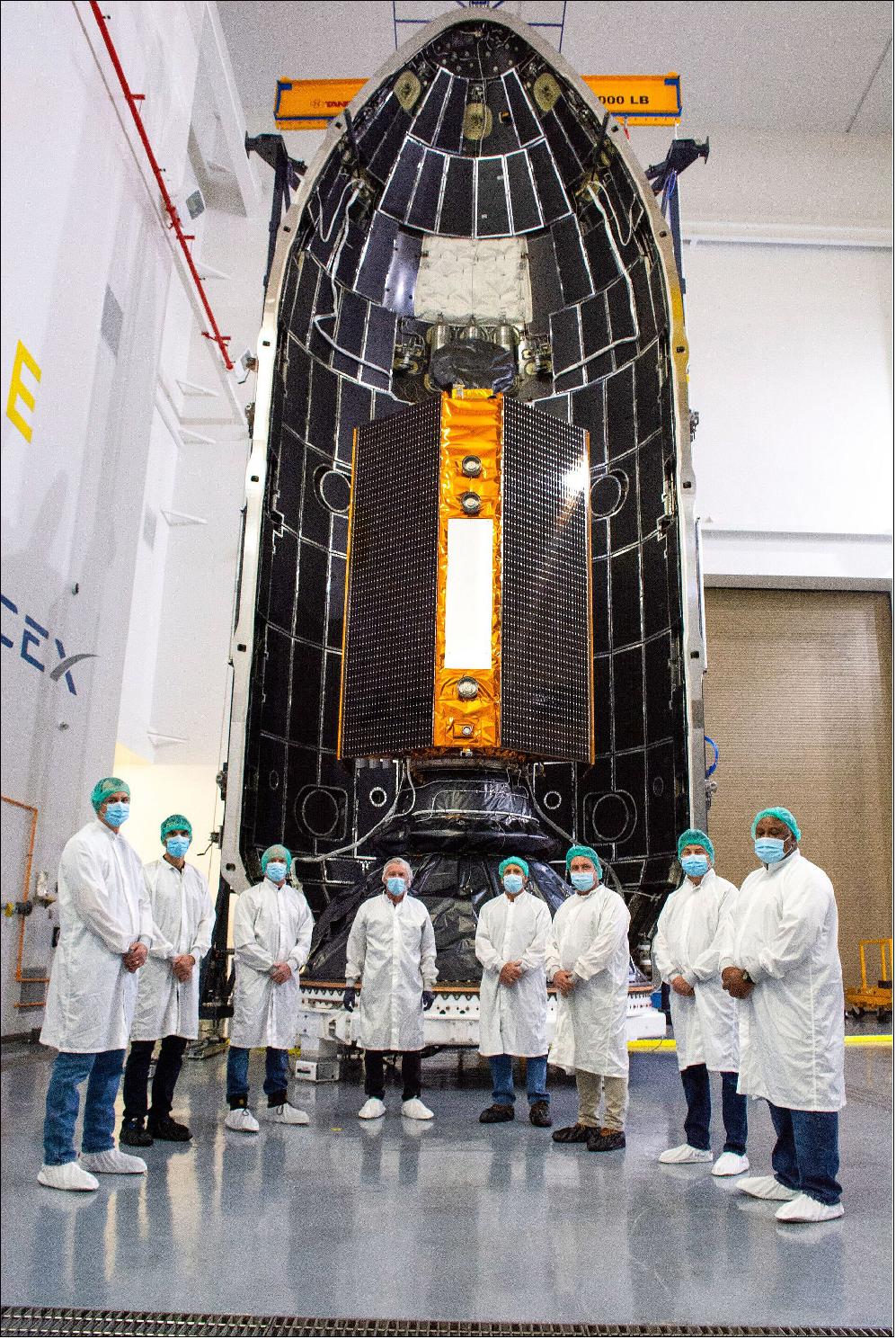 Figure 52: The Copernicus Sentinel-6 Michael Freilich launch campaign team in front of the satellite (image credit: NASA, Randy Beaudoin)