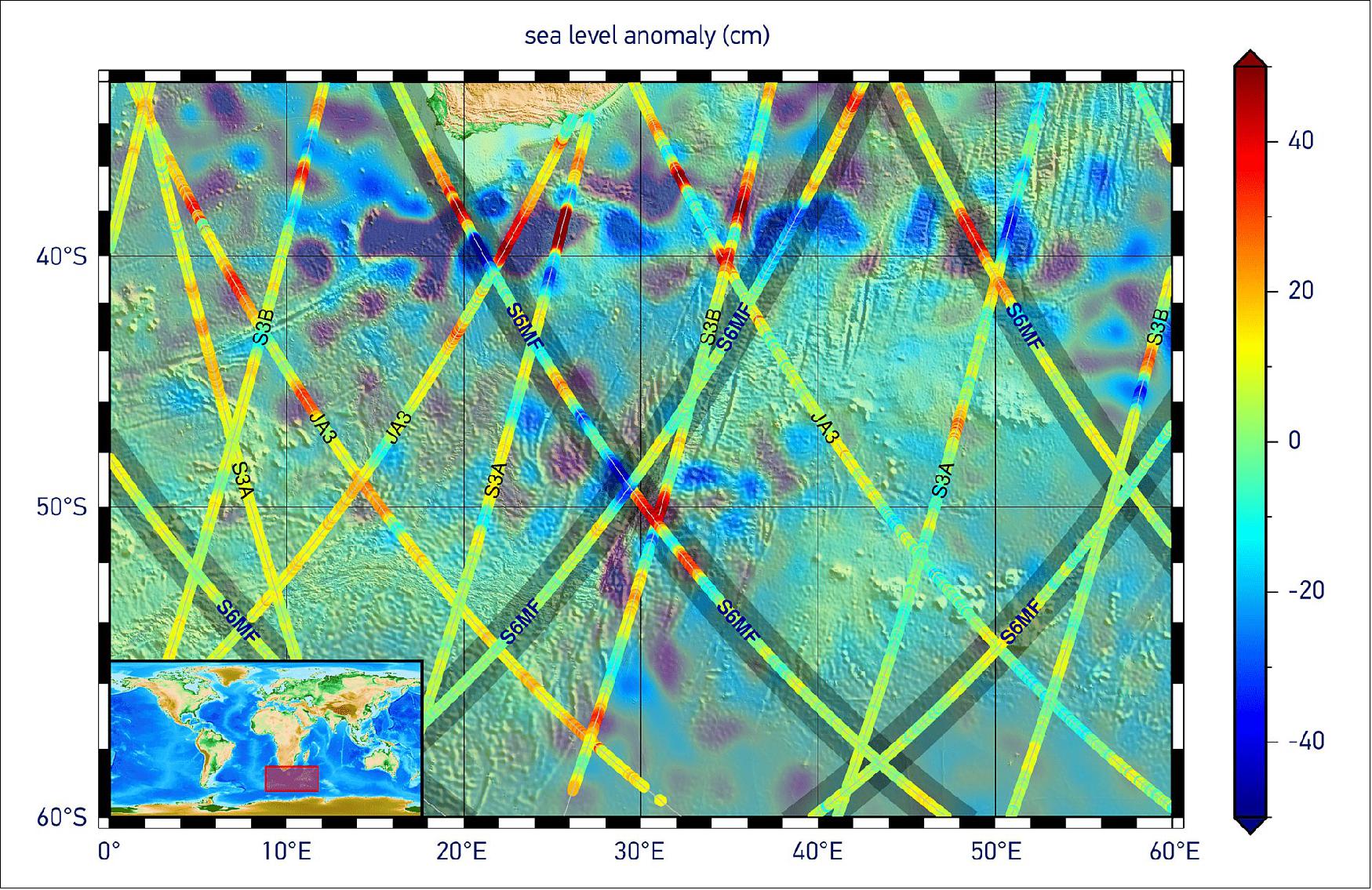 Figure 26: Copernicus Sentinel-6 sea-level anomaly data, overlaid on a map showing similar products from all of the Copernicus altimetry missions: Jason-3, Sentinel-3A and Sentinel-3B. The background image is a map of sea-level anomalies from satellite altimeter data provided by the Copernicus Marine Environment Monitoring Service for 4 December 2020. The data for this image were taken from the Sentinel-6 'Short Time Critical Level 2 Low Resolution' products generated on 5 December (image credit: ESA, the image contains modified Copernicus Sentinel data (2020), processed by EUMETSAT)