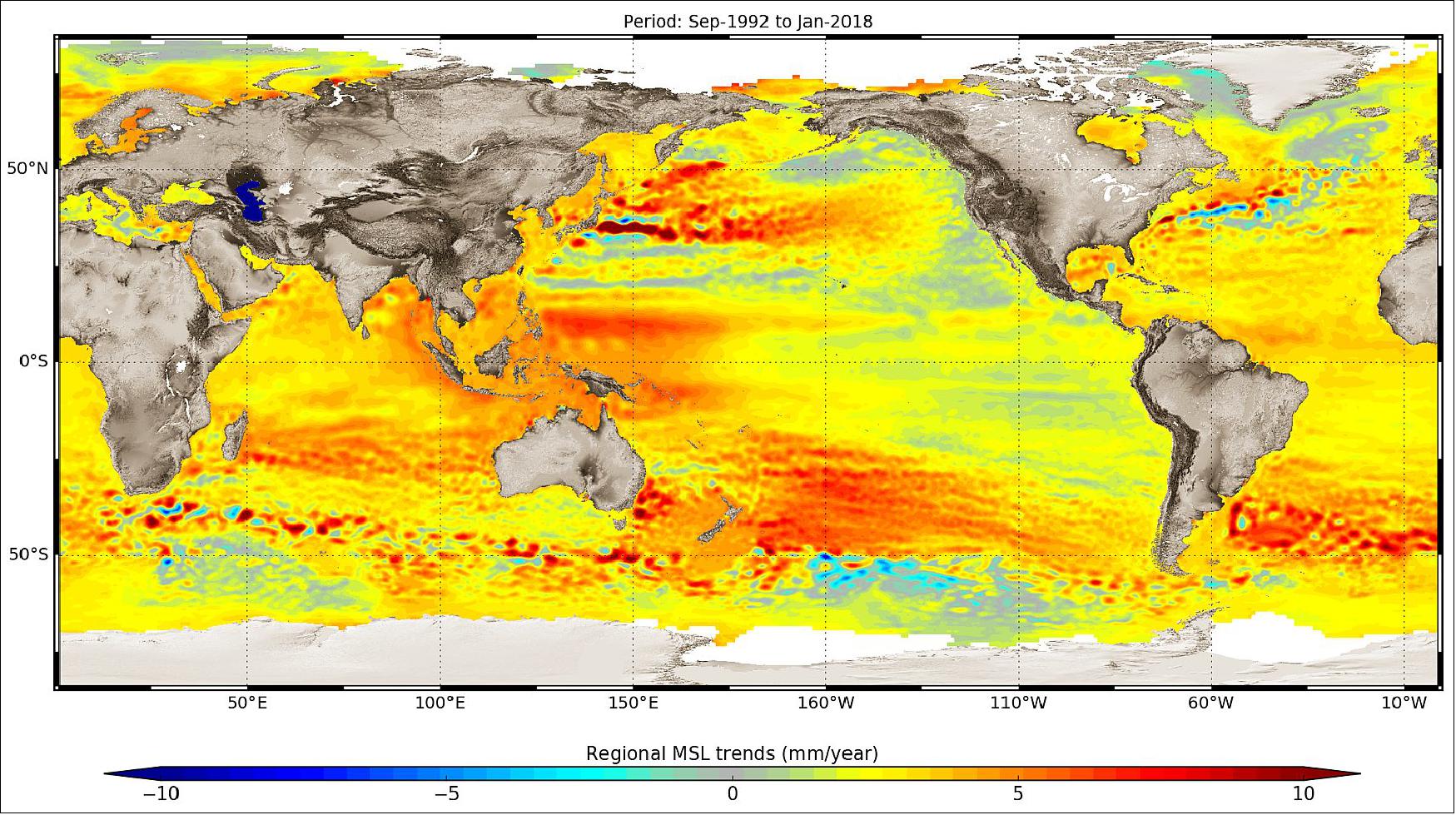 Figure 63: On average, between 1993 and 2018 sea level has risen by 3.2 mm but there are regional differences within this trend. This map is based on measurements from satellite altimeters and shows regional sea-level trends [image credit: CNES/LEGOS/CLS/EU Copernicus Marine Service/contains modified Copernicus Sentinel data (2018)]