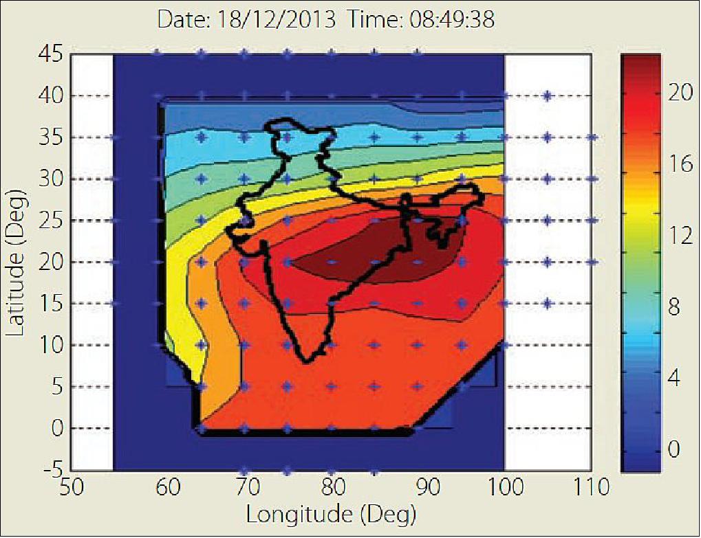 Figure 37: Ionospheric delay (in meters) over the Indian Region (image credit: ISRO, AAI)