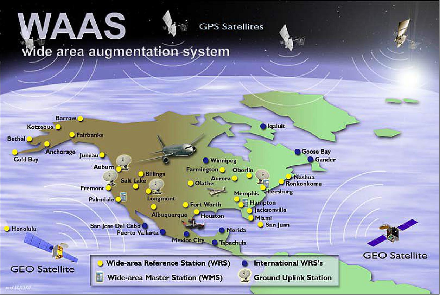 Figure 11: Thirty-eight wide-area reference stations (WRS) are located throughout the U.S., Canada, and Mexico. These stations monitor GPS satellites and collect the data used to create the WAAS signal-in-space which is broadcast by the two WAAS geostationary satellites (image credit: FAA)