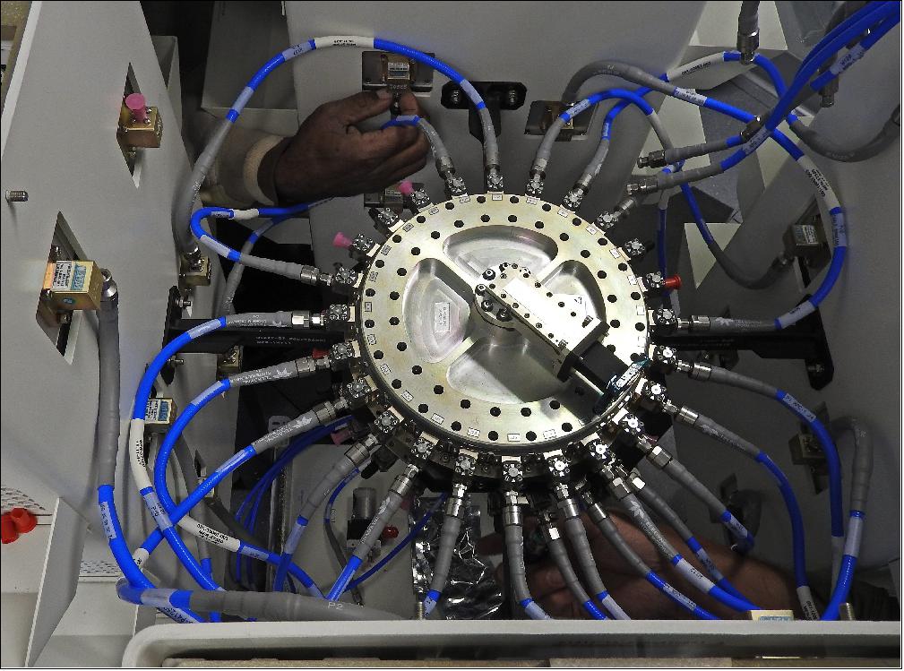 Figure 11: SGSS radial combiner/divider surrounded by the solid-state power amplifier for Ku-band transmission (image credit: NASA's Goddard Space Flight Center)