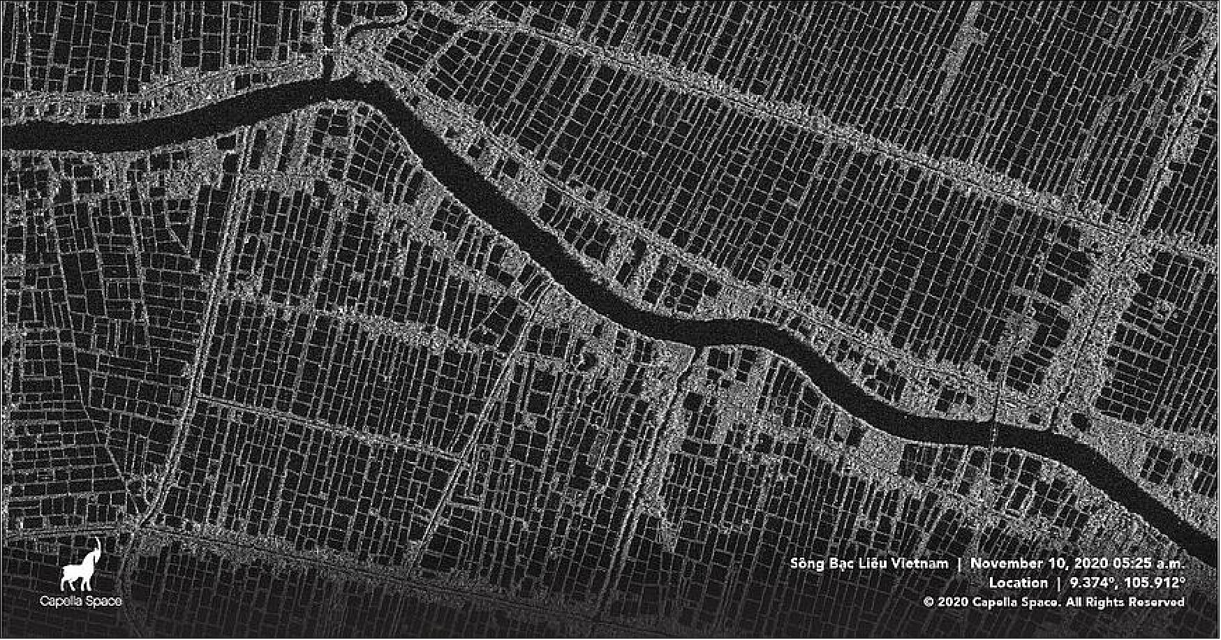 Figure 13: Capella Space tweeted this Nov. 10 Sequoia synthetic aperture radar image of the embankments of the Sông Bac Liêu flowing just south of the Mekong Delta in Vietnam (image credit: Capella Space)