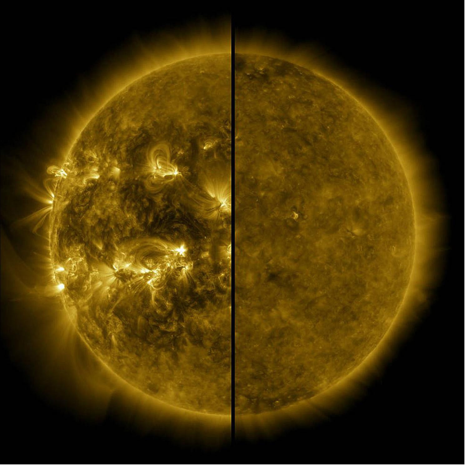 Figure 33: This split image shows the difference between an active Sun during solar maximum (on the left, captured in April 2014) and a quiet Sun during solar minimum (on the right, captured in December 2019). December 2019 marks the beginning of Solar Cycle 25, and the Sun's activity will once again ramp up until solar maximum, predicted for 2025 (image credit: NASA/SDO)