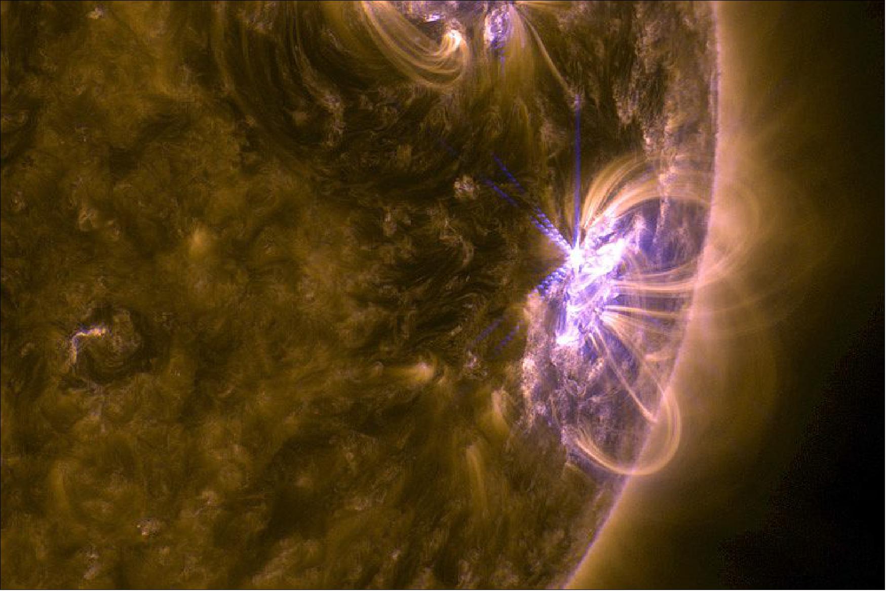 Figure 30: NASA's Solar Dynamics Observatory captured this image of a medium-class (M8.1) solar flare (bright area at right) on September 8, 2017. The image blends two different wavelengths of extreme ultraviolet light (image credit: NASA/GSFC/SDO)