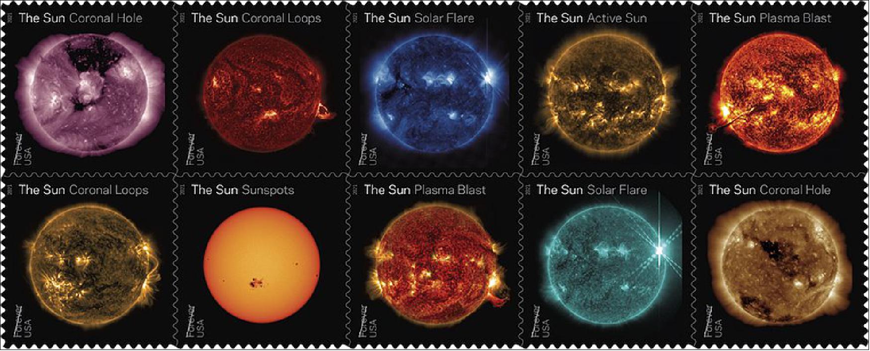 Figure 27: The United States Post office announced on Jan. 15, 2021, that they would be releasing a series of stamps highlighting images of the Sun captured by NASA's Solar Dynamics Observatory (image credits: NASA/SDO/USPS)