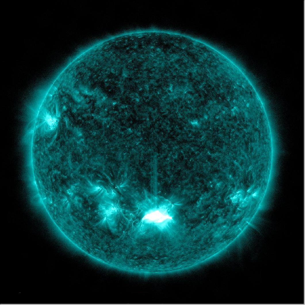 Figure 17: NASA's Solar Dynamics Observatory captured this image of a solar flare — as seen in the bright flash at the Sun's lower center — on Oct. 28, 2021. The image shows a subset of extreme ultraviolet light that highlights the extremely hot material in flares and which is colorized here in teal (image credit: NASA/SDO)