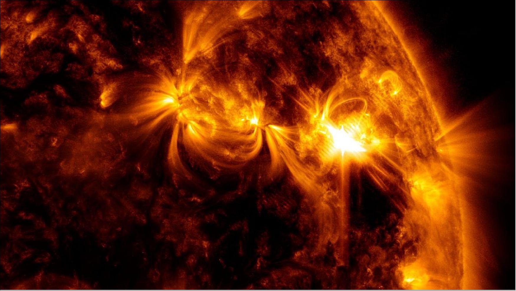 Figure 16: This is a close-up image captured by NASA's Solar Dynamics Observatory of today's solar flare. The image shows a subset of extreme ultraviolet light that highlights the extremely hot material in flares and which is colorized in SDO channel colors 131 and 171 (image credit: NASA/SDO)