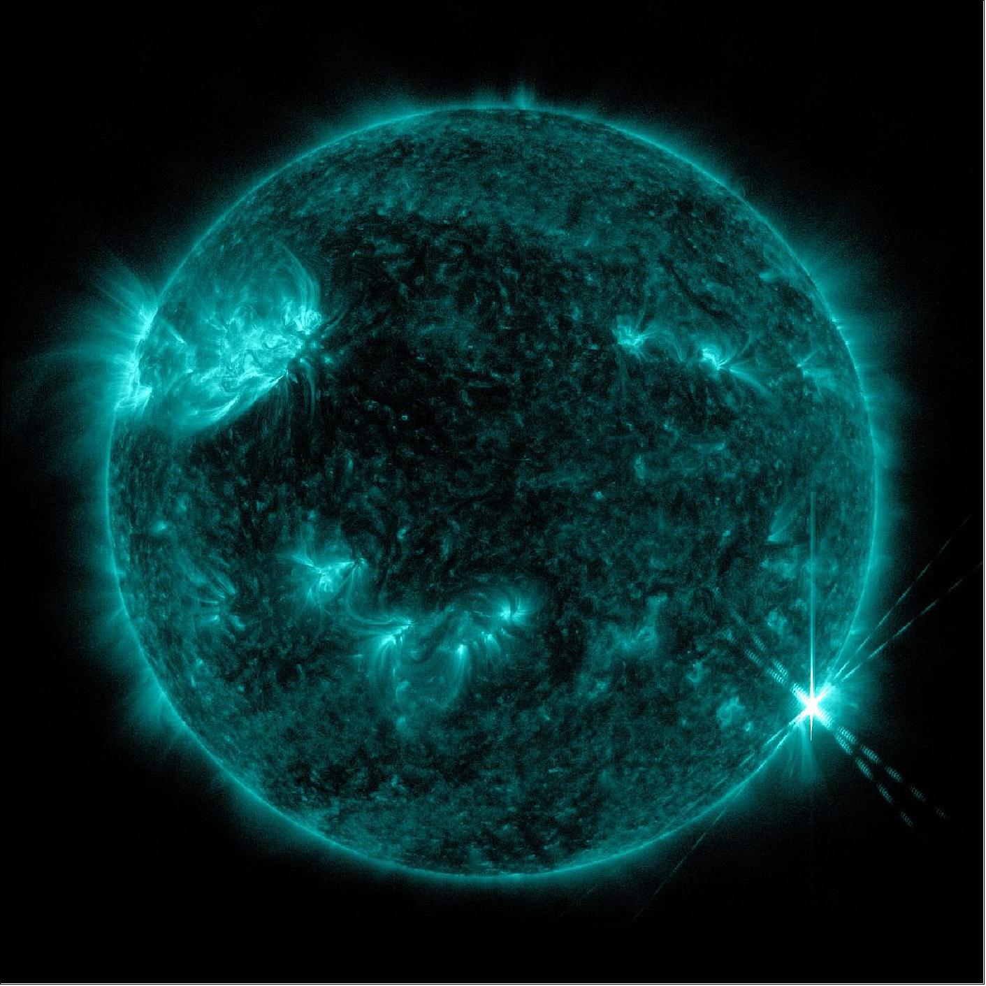 Figure 14: NASA's SDO captured this image of a solar flare – as seen in the bright flash in the lower right portion of the image– at 11:57 p.m. EST on April 19, 2022. The image shows a subset of extreme ultraviolet light that highlights the extremely hot material in flares and is colorized in SDO channel color blue (image credit NASA/SDO)