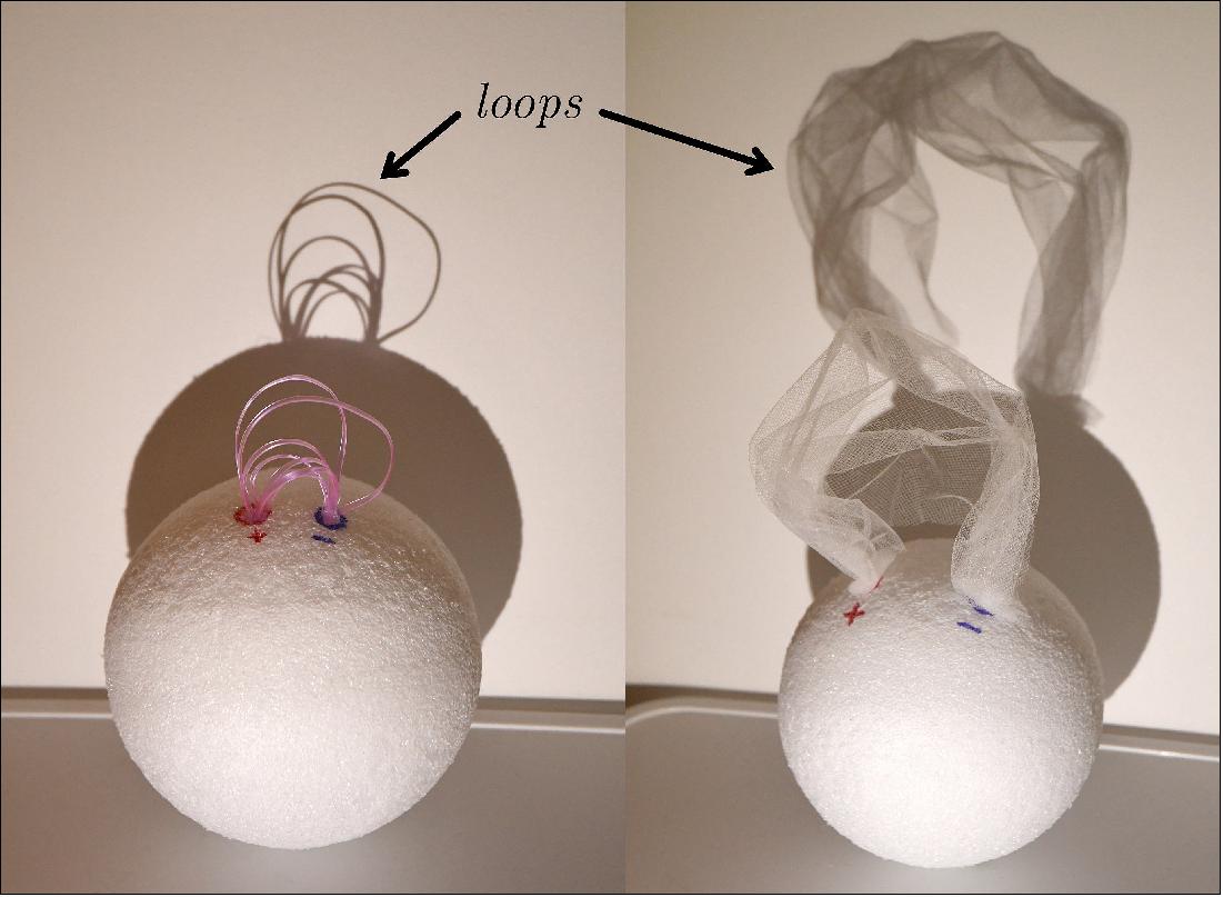 Figure 11: This simplified model compares the "garden hose" model of coronal loops (left) to the coronal veil model (right). In both images, the ball represents the Sun, and the shadow represents the image of the Sun that would be observed by telescopes. On the left, individual strands or tubes connect one part of the Sun's surface to another. The shadow reveals obvious loop-like structures. On the right, a more complicated "veil" or translucent sheet connects one part of the Sun's surface to another. The shadow still creates the impression of loop-like strands that in some places resemble those created by the garden hose model (image credit: Anna Malanushenko)