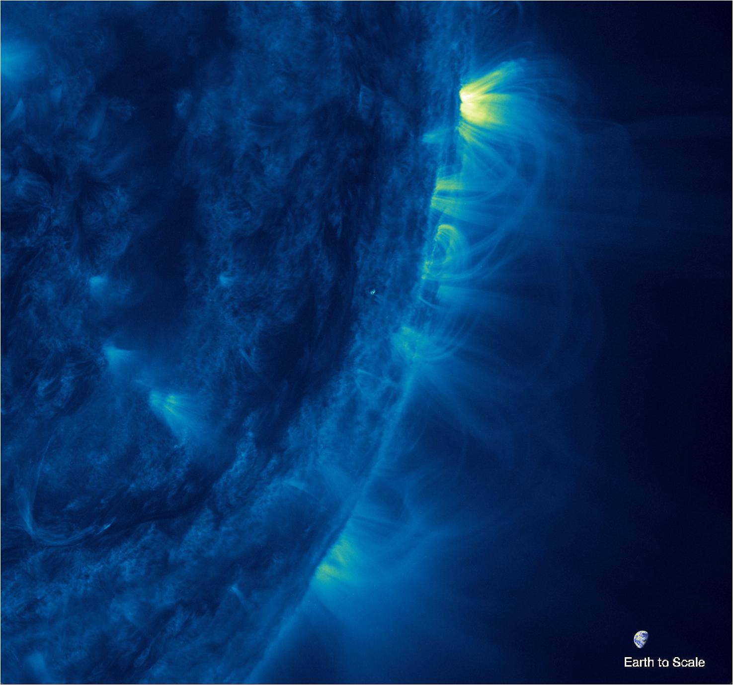 Figure 10: This ultraviolet image of coronal loops on the Sun was taken using the 335 Ångström channel of the Atmospheric Imaging Assembly telescope on NASA's Solar Dynamics Observatory. Earth is shown to scale. The image shows solar plasma at temperatures around 4.5 million degrees Fahrenheit (2.5 million degrees Celsius) colorized in blue. In this image, loops extend far from the solar surface without expanding much with height, which is counter to the expected physics according to the "garden hose" model of coronal loops (image credits: NASA/SDO)