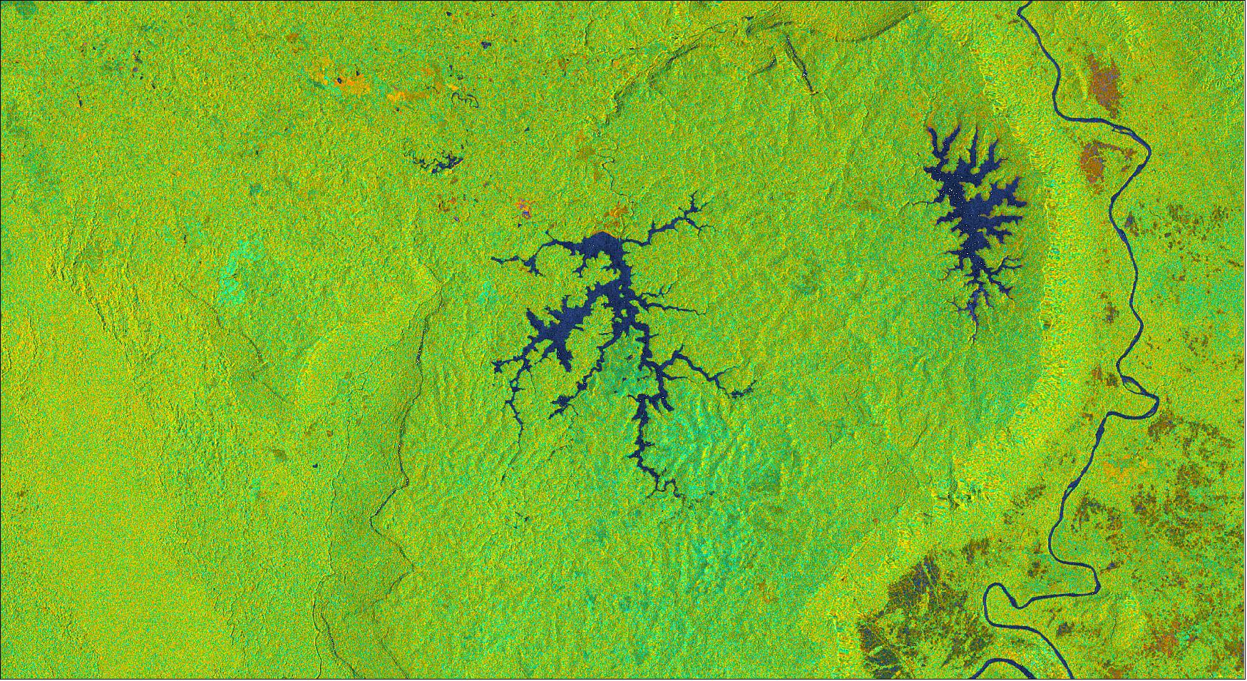 Figure 19: The Sentinel-1 satellite image from ESA's (European Space Agency) Copernicus program observed the area surrounding the Xepian-Xe Nam Noy dam in Laos before the dam's failure on July 17, 2018 (image credit: NASA Disasters/Marshall Space Flight Center/Alaska Satellite Facility; the image contains modified Copernicus Sentinel data (2018) processed by ESA)