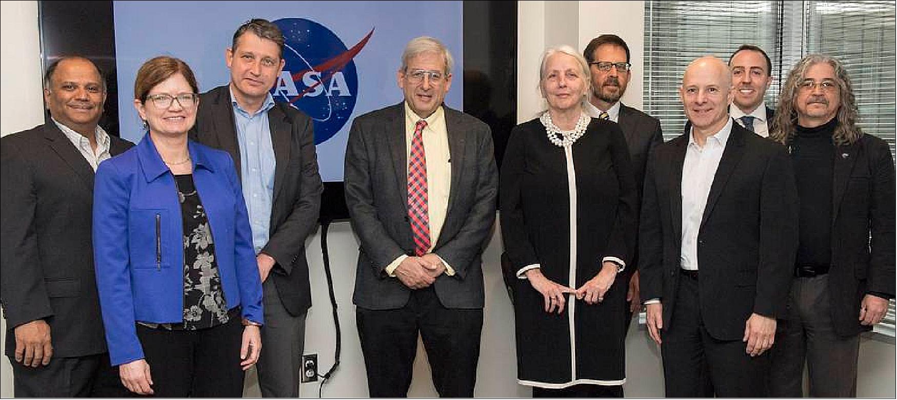 Figure 3: From left: Ashutosh Limaye, NASA Marshall Space Flight Center; Nancy Searby, NASA Headquarters Earth Science Division; Freek van der Meer, University of Twente Faculty of Geo-Information Science and Earth Observation; Michael Freilich, NASA Headquarters Earth Science Division; Erna Leurink, University of Twente Faculty of Geo-Information Science and Earth Observation; Lawrence Friedl, NASA Headquarters Earth Science Division; Dan Irwin, NASA Marshall; Andy Parks, NASA Headquarters Office of International and Interagency Relations; Ray French, NASA Marshall (image credit: NASA)
