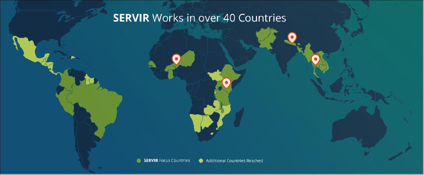 Figure 2: Overview of SERVIR regional knowledge centers and regions connected to these centers (image credit: SERVIR Team)