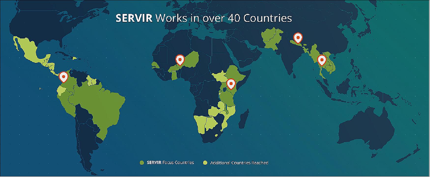 Figure 18: SERVIR regional knowledge centers and regions connected to these centers in 2018 (image credit: SERVIR Global)