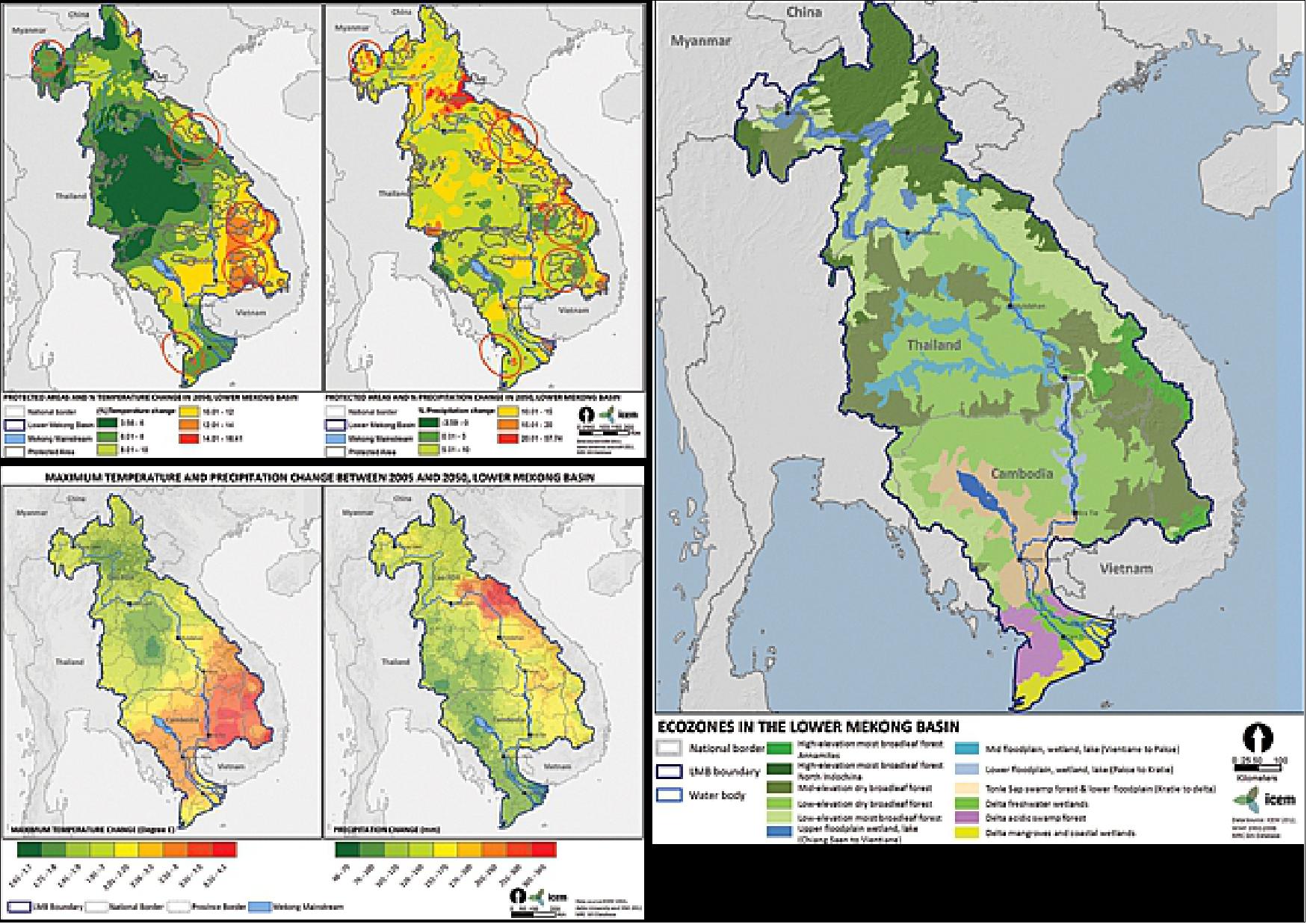 Figure 9: These graphics of the Lower Mekong Basin created by SERVIR-Mekong show ecozones (above) and proposed annual average maximum daily temperature and annual precipitation changes by 2050 (above left and left). The transfer of such data to local decision-makers helps build regional resilience to land and water resource pressures, and moderate the effects of climate change in this part of Southeast Asia (image credit: USAID)