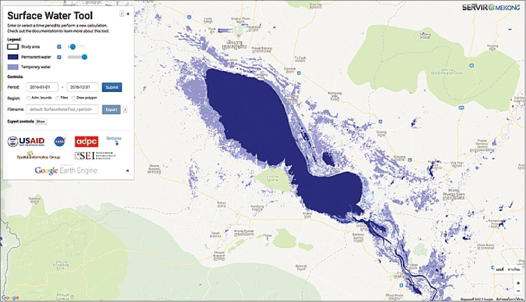 Figure 8: SWMT (Surface Water Mapping Tool) is used to assess how proposed dams might impact the seasonal water cycles of wetlands along the Mekong (image credit: SERVIR-Mekong/ADPC)