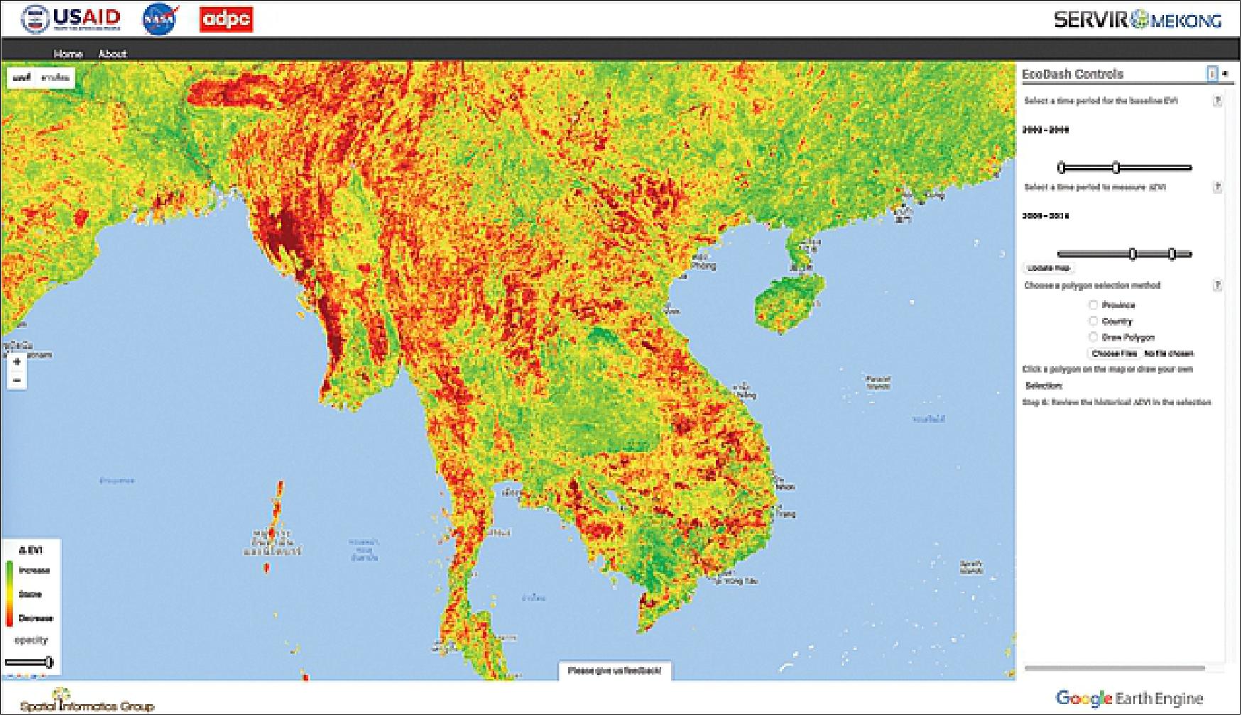 Figure 7: Eco-Dash was developed by the SERVIR-Mekong team at the request of a U.S. NGO. Eco-Dash crunches multispectral imagery data from satellites and runs them through an algorithm to generate a graphical depiction of how vegetation is changing. Green indicates an increase in vegetation, red indicates a decrease, and yellow indicates no change (image credit: SERVIR-Mekong/ADPC)