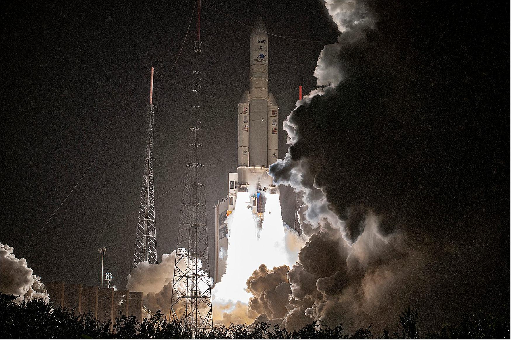 Figure 3: Launch photo of the Ariane 5 VA255 flight into GTO with the SES-17 and Syracuse-4E satellites from Kourou (image credit: Arianespace)