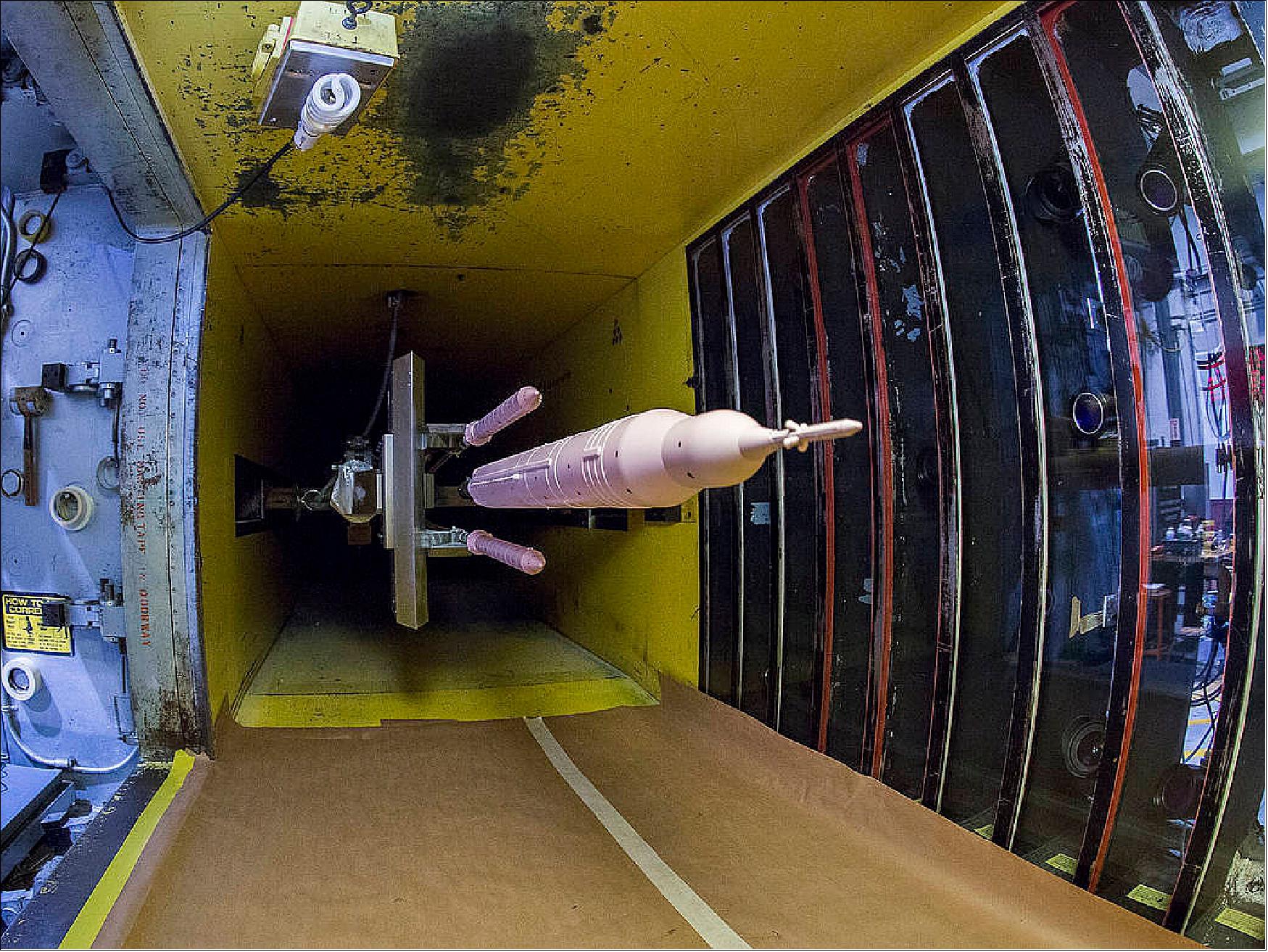 Figure 51: Wind tunnel test of the SLS booster separation model in Block 1B (image credit: NASA/LaRC)