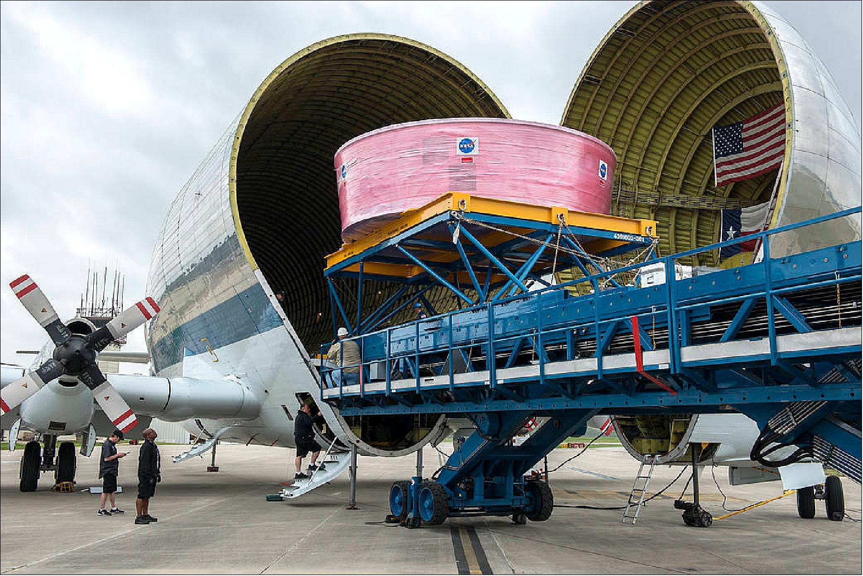 Figure 49: SLS flight hardware is being transported in a Super Guppy from Huntsville AL to KSC (Kennedy Space Center) in Florida (image credit: NASA/MSFC, Fred Deaton)