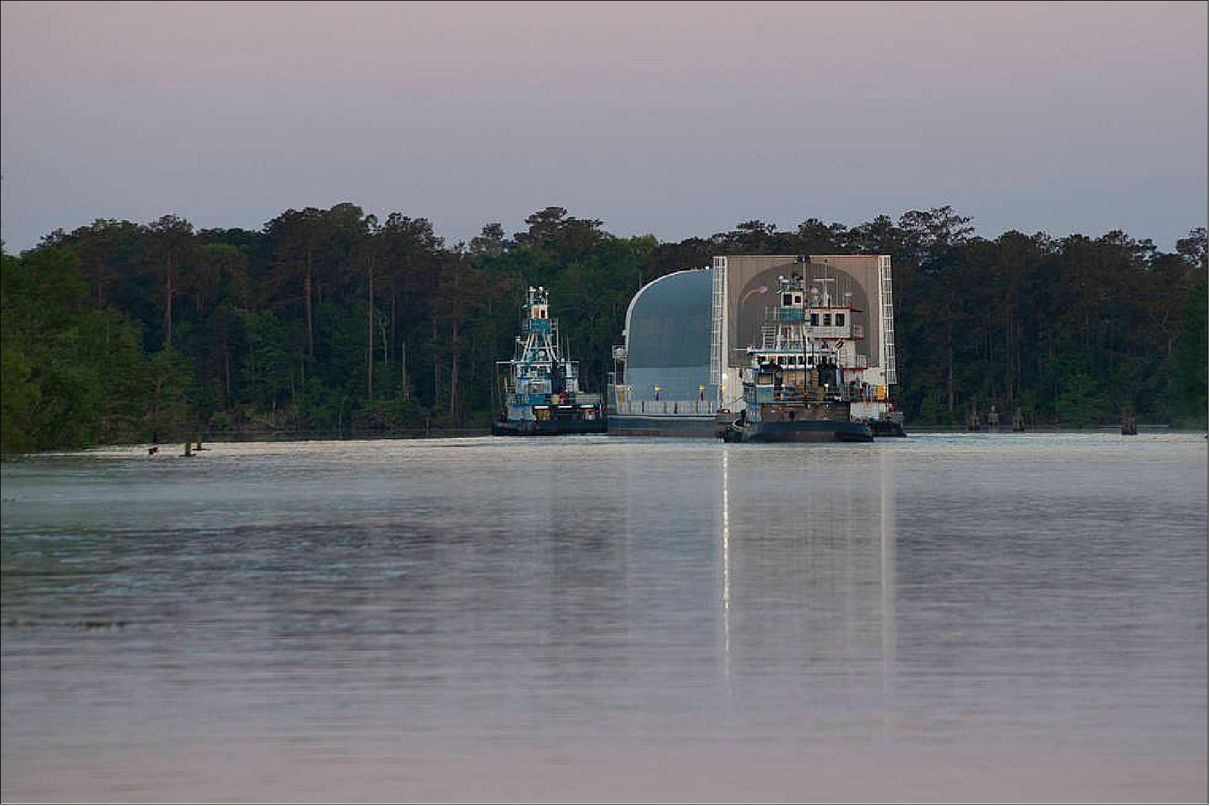 Figure 15: The first core stage of NASA's Space Launch System (SLS) rocket departs Stennis Space Center near Bay St. Louis, Mississippi, following completion of the Green Run series of tests of its design and systems (image credit: NASA)