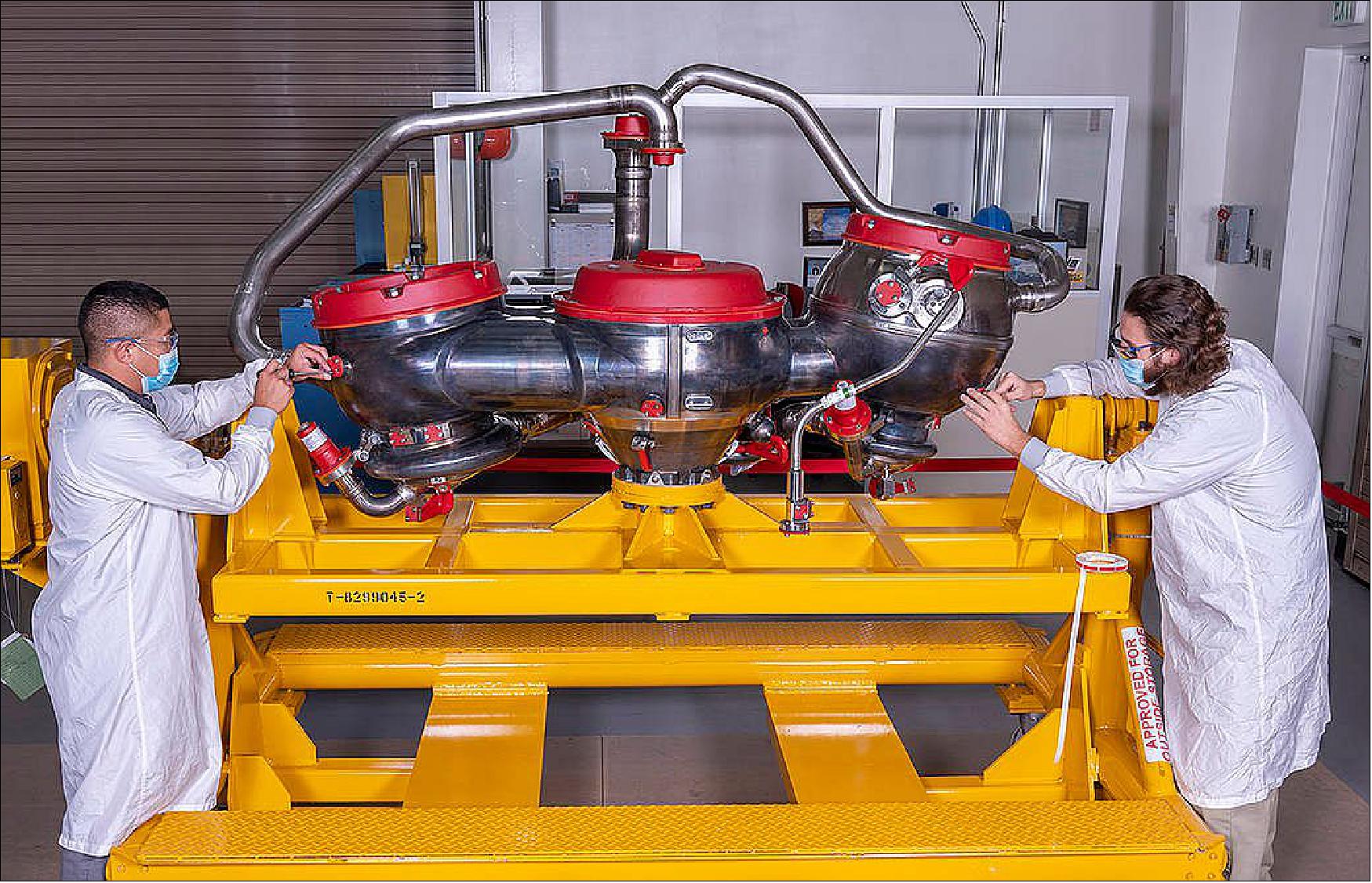 Figure 12: The new powerhead, along with other engine parts made from advanced manufacturing technologies such as the engine nozzle and main combustion chamber, will undergo hot fire testing on the same certification engine early next year. The manufacturing changes incorporated into this new powerhead configuration are an integral part of NASA's and Aerojet Rocketdyne's strategy to reduce RS-25 manufacturing costs by more than 30% compared to its shuttle predecessor (image credit: NASA)