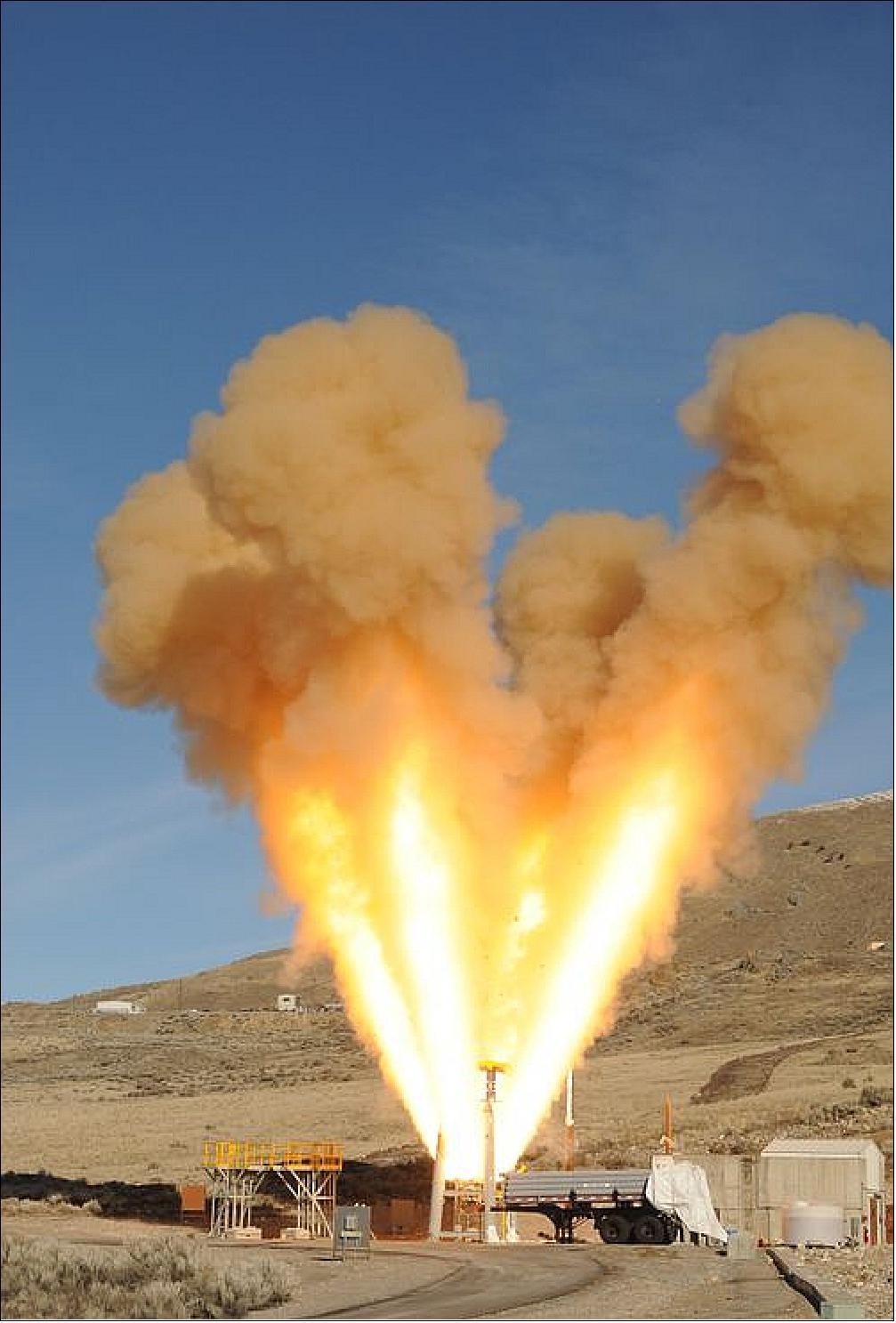 Figure 44: Today’s test firing of the Northrop Grumman-manufactured launch abort motor in Promontory, Utah, confirmed the motor can activate within milliseconds and will perform as designed under cold temperatures (image credit: Northrop Grumman, NASA)
