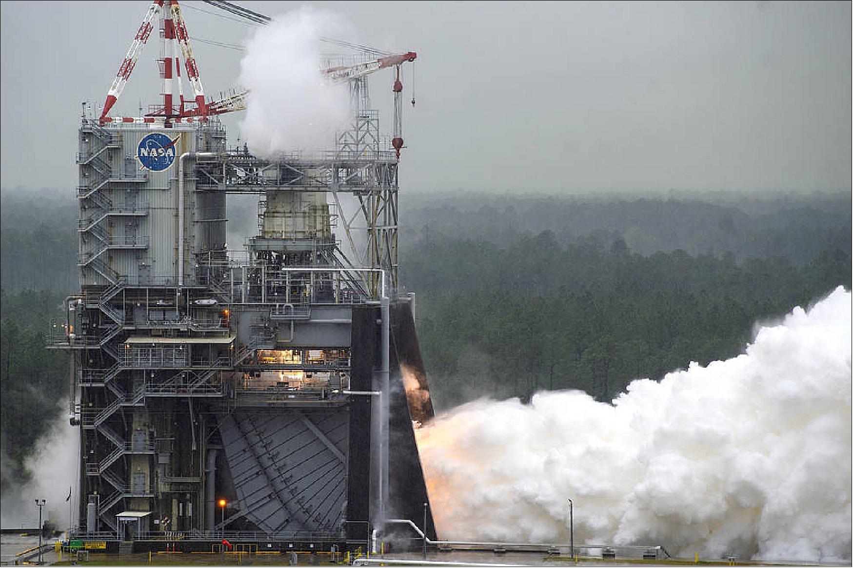 Figure 38: NASA conducts a test of RS-25 flight engine No. 2062 on April 4 on the A-1 Test Stand at Stennis Space Center near Bay St. Louis, Miss. The test marked a major milestone in NASA’s march forward to Moon missions. All 16 RS-25 engines that will help power the first four flights of NASA’s new Space Launch System rocket now have been tested (image credit: NASA/SSC)