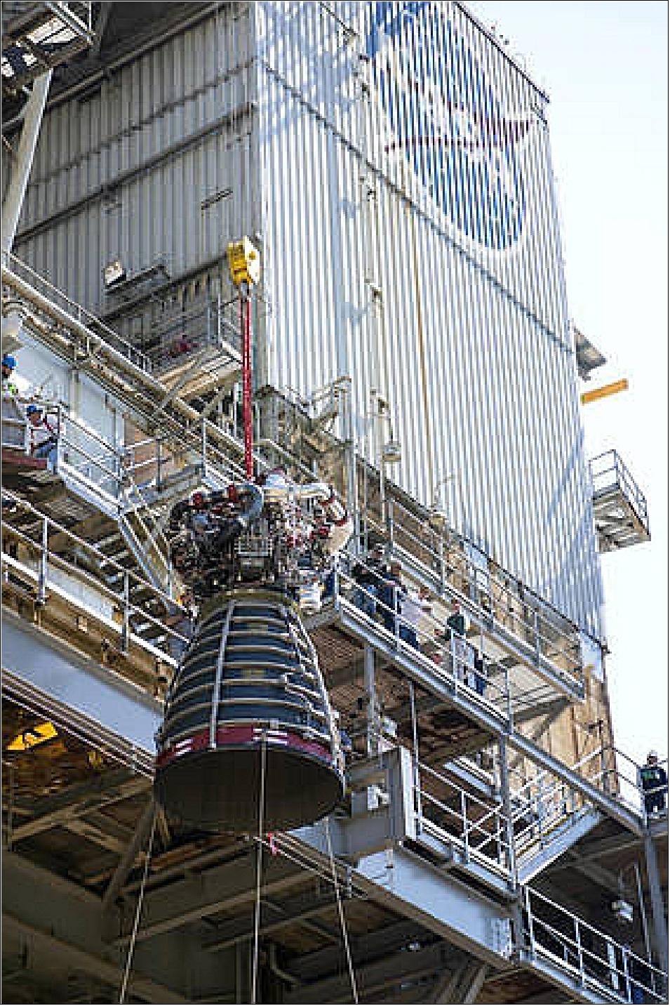 Figure 37: RS-25 flight engine No. 2062 is lifted onto the A-1 Test Stand at NASA’s Stennis Space Center near Bay St. Louis, Miss. The Aerojet Rocketdyne-built engine was delivered to the stand March 20 and test fired April 4 (image credit: NASA/SSC)