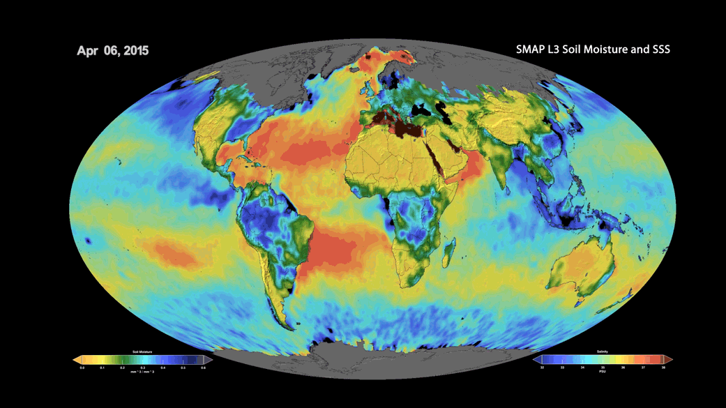 Figure 21: This animation shows a time lapse of sea surface salinity and soil moisture from NASA's Soil Moisture Active Passive (SMAP) satellite from April 2015 through February 2019 (image credit: NASA/JPL-Caltech/GSFC)