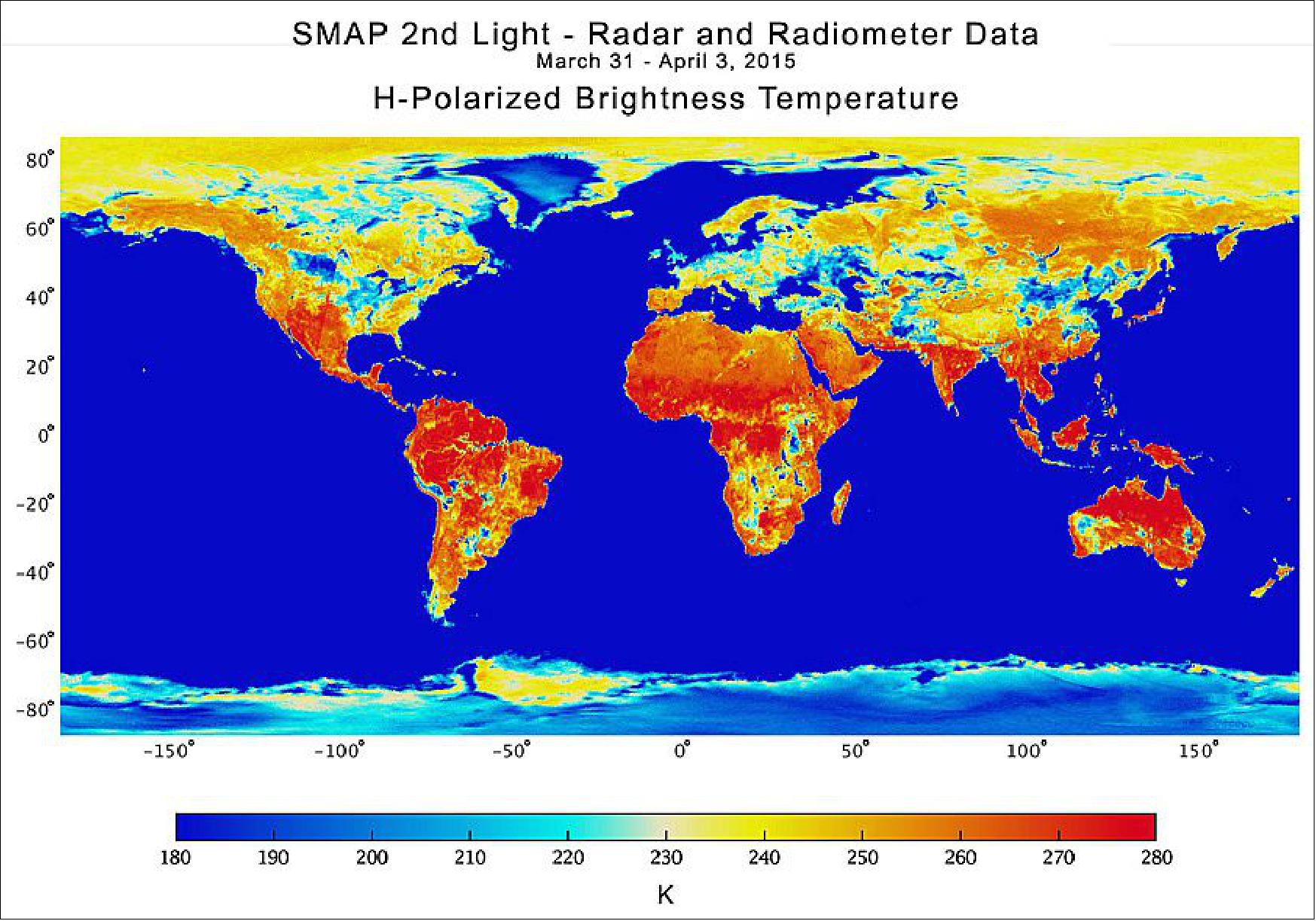 Figure 47: SMAP radar image acquired from data from March 31 to April 3, 2015. Weaker radar signals (blues) reflect low soil moisture or lack of vegetation, such as in deserts. Strong radar signals (reds) are seen in forests. SMAP's radar also takes data over the ocean and sea ice (image credit: NASA/JPL,Caltech, GSFC)