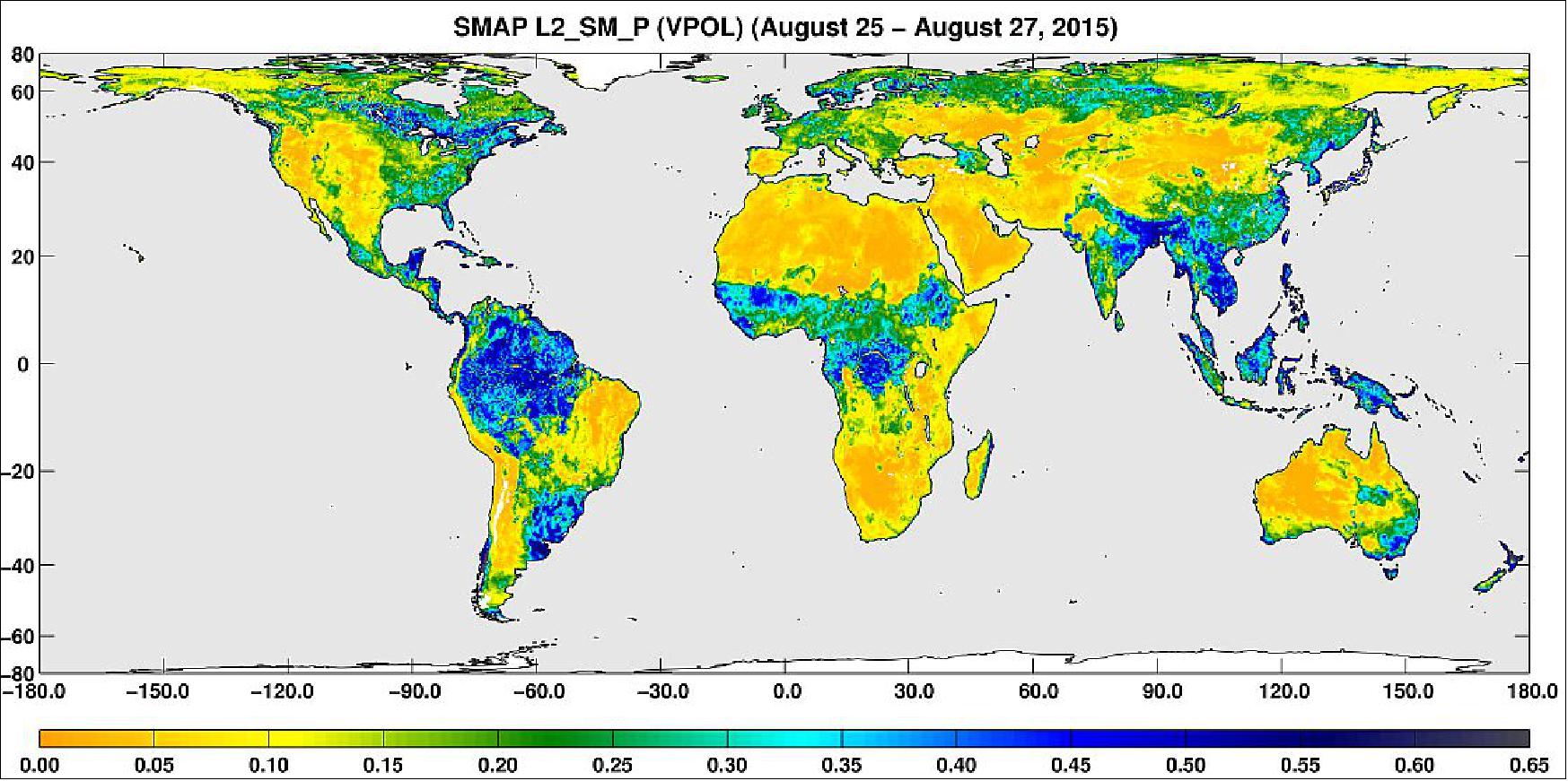 Figure 39: A three-day composite global map of surface soil moisture as retrieved from SMAP's radiometer instrument between Aug. 25-27, 2015 (image credit: NASA) 57)