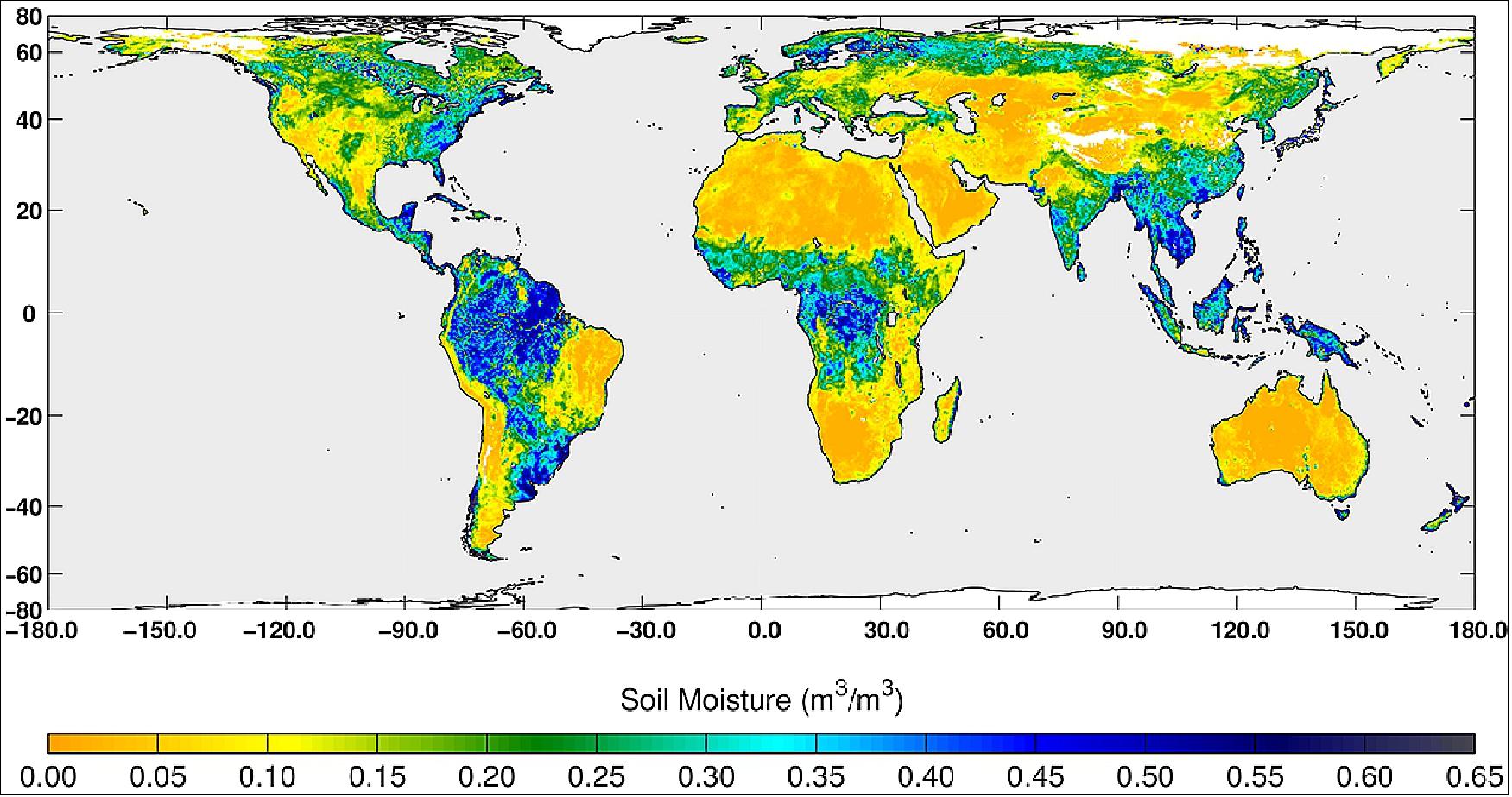 Figure 38: SMAP radiometer-only soil moisture between Oct. 3 to 5, 2015 (image credit: NASA/JPL)