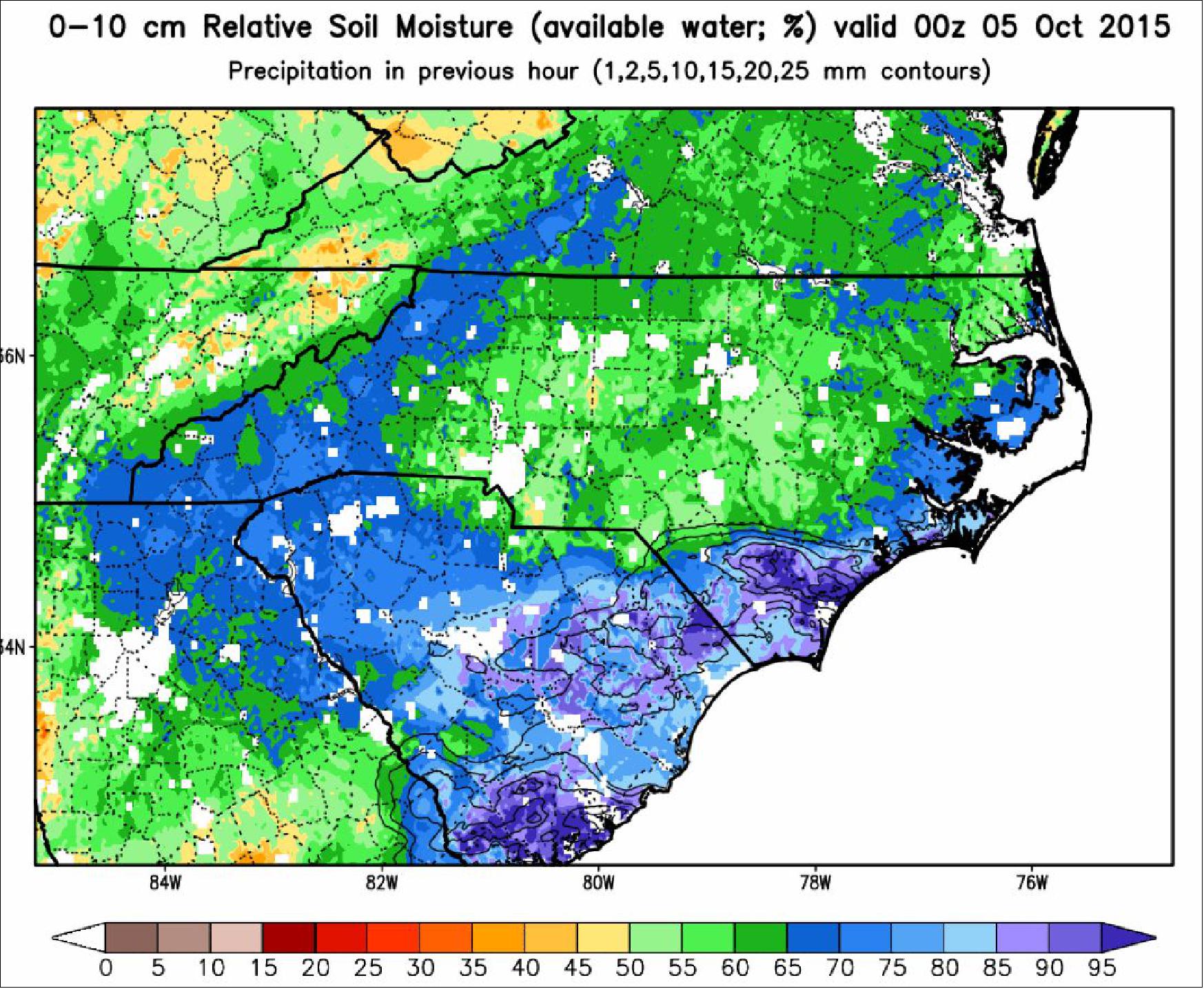 Figure 37: Relative soil moisture over the Carolinas on Oct. 5, 2015, shown in percent. Green indicates the soils are 50 to 65% saturated, while blues and purples indicate 65 to 100% saturated. Saturated soils can hold no more water so those areas will flood (image credit: NASA/MSFC)