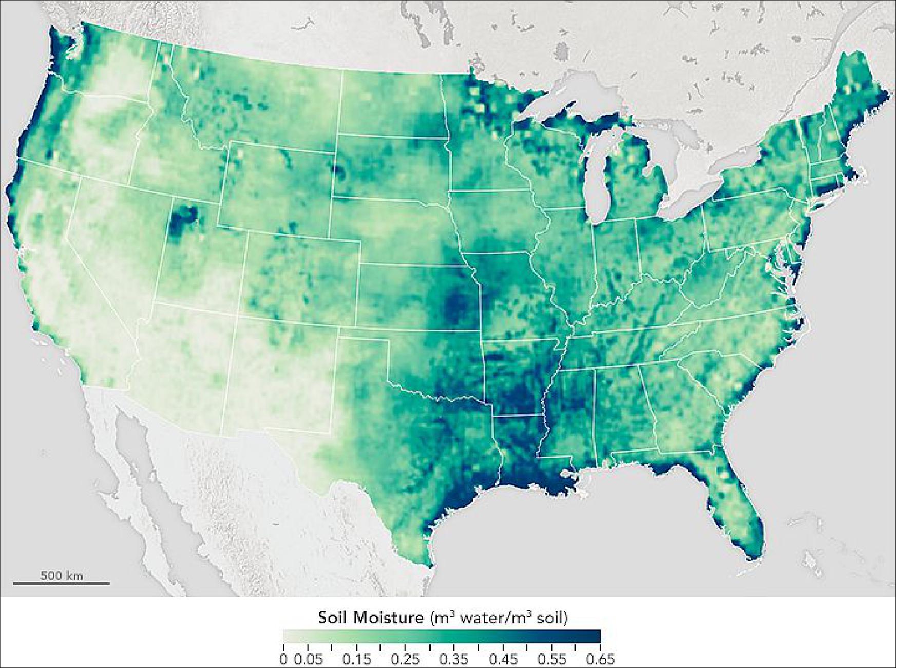 Figure 35: The map above shows the amount of moisture in the top 5 cm of the ground across the United States (resolution: 9 km/pixel). It was produced with data collected from May 27–31, 2015, with the radar and radiometer instruments on NASA's SMAP satellite (image credit: NASA Earth Observatory, Joshua Stevens and the SMAP science team)