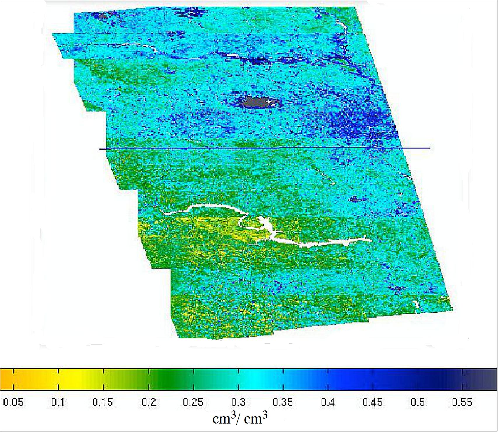 Figure 30: High resolution (1 km) soil moisture derived from combined SMAP radiometer and Sentinel-1 radar data in southern Canada (image credit: NASA/JPL)