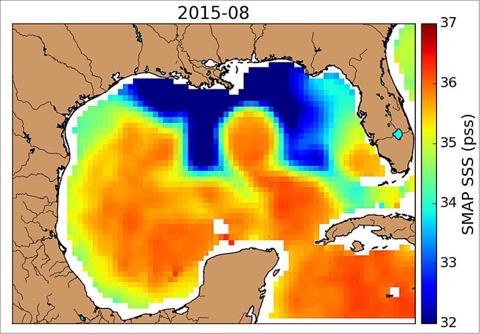 Figure 27: SMAP observed a horseshoe-shaped plume of freshwater (dark blue) in the Gulf of Mexico after Texas flooding in May 2015 (image creditt: NASA/JPL-Caltech)