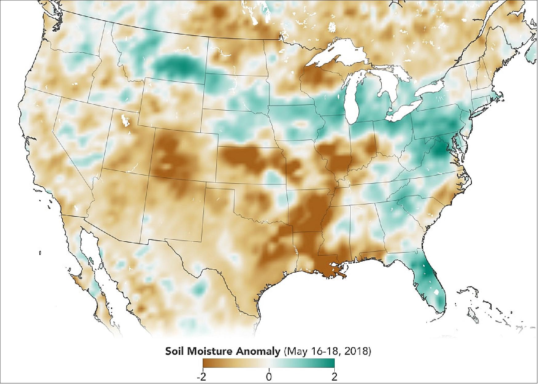Figure 23: With data from NASA's Soil Moisture Active Passive satellite, researchers can monitor the amount of water in soils to identify areas prone to droughts or floods. In this map created with SMAP data from May 18-May 18, 2018, soils that are wetter than normal are seen in greens, while those that are drier than normal are seen in browns (image credit: Joshua Stevens/NASA Earth Observatory)