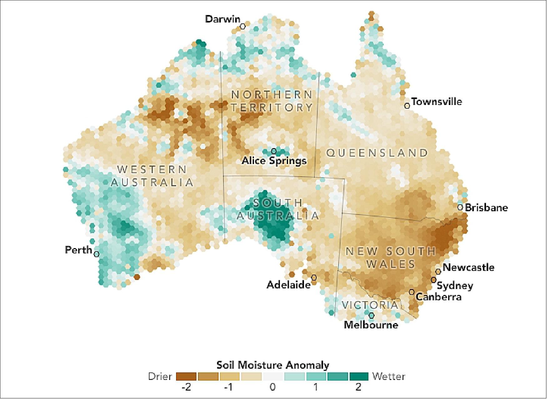 Figure 22: The map shows root-zone soil moisture anomalies—how much the moisture content was above (green) or below (brown) the norm—on July 28, 2018. Soils were extremely dry in eastern Australia, which is a major agricultural area (image credit: NASA Earth Observatory, image by Joshua Stevens using soil moisture data from NASA-USDA and the SMAP Science Team, story by Kathryn Hansen)