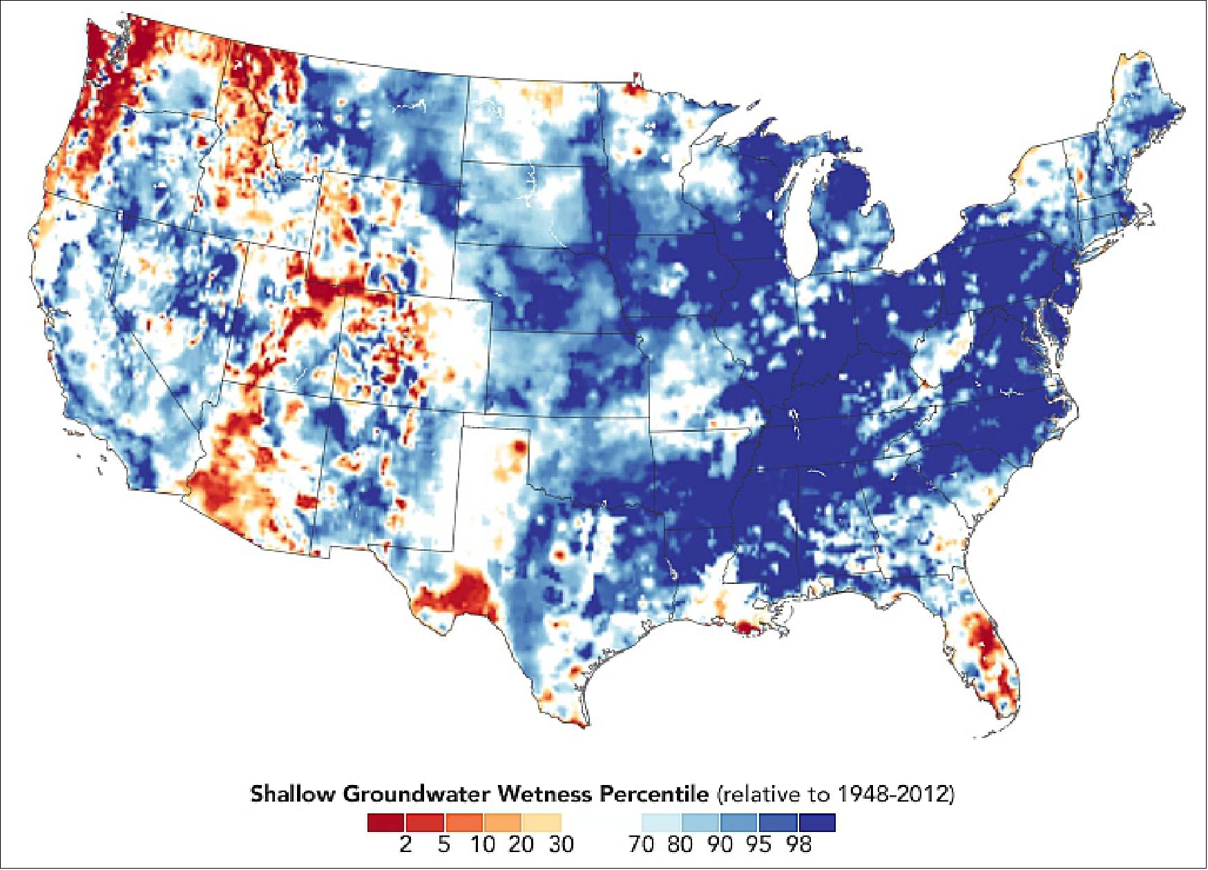 Figure 19: This map shows how groundwater has responded to the unusually wet year. The colors depict the wetness percentile; that is, how the amount of groundwater on May 13, 2019, compares to all Mays from 1948 to 2012. Blue areas have more abundant groundwater than usual for the time of year, and orange and red areas have less. The map is based on multiple types of meteorological data (precipitation, temperature, etc.) integrated within an advanced computer model developed by scientists at NASA's Goddard Space Flight Center (image credit: NASA Earth Observatory image by Lauren Dauphin and Joshua Stevens using soil moisture data from the NASA-USDA SMAP team and using GRACE data from The National Drought Mitigation Center at the University of Nebraska-Lincoln, and rainfall data from The Iowa Environmental Mesonet The Iowa Environmental Mesonet (IEM). Story by Mike Carlowicz)