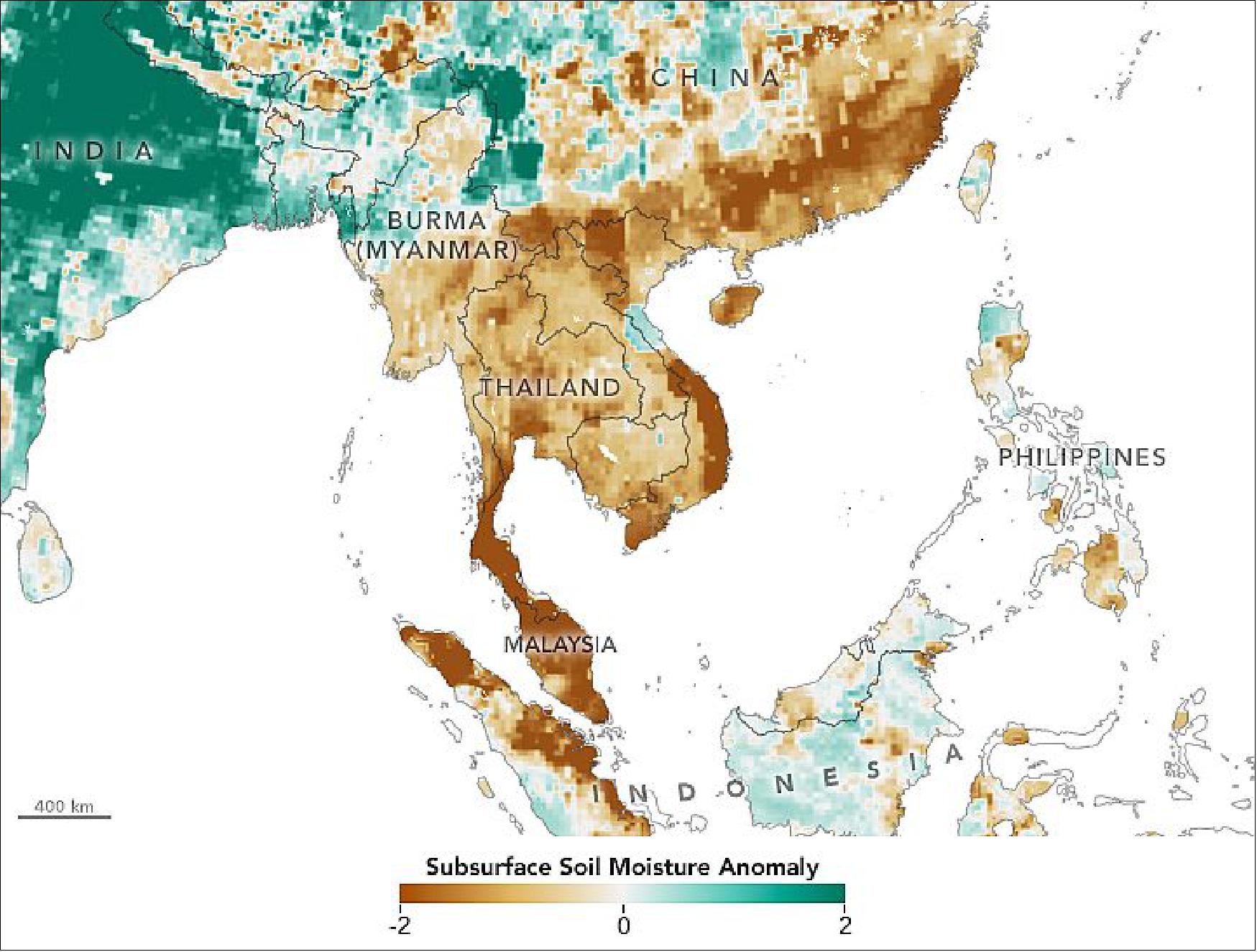 Figure 18: A severe drought in Thailand is affecting agriculture and drinking water in the region. The map shows soil moisture anomalies, or how much the water content near the land surface was above or below the norm for southeast Asia from January 1 to February 7, 2020. The measurements were derived from data collected by the Soil Moisture Active Passive (SMAP) mission, the first NASA satellite dedicated to measuring the water content of soils. SMAP's radiometer can detect water in the top 5 cm of the ground. Scientists use that surface layer data in a hydrologic model to estimate how much water is present even deeper in the root zone, which is important for agriculture (image credit: NASA Earth Observatory, image by Lauren Dauphin using soil moisture data from NASA-USDA and the SMAP Science Team. Story by Kasha Patel)