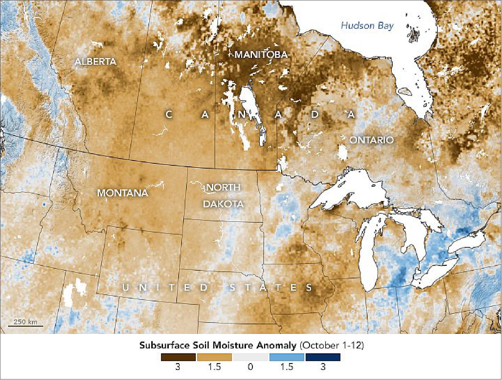 Figure 15: The measurements were derived from data collected by the Soil Moisture Active Passive (SMAP) mission, the first NASA satellite dedicated to measuring the water content of soils. SMAP's radiometer can detect water in the top 5 cm (2 inches) of the ground. Scientists use that surface layer data in a hydrologic model to estimate how much water is present in the root zone (image credit: NASA Earth Observatory images by Lauren Dauphin, using soil moisture data courtesy of JPL and the SMAP Science Team and GRACE data from the National Drought Mitigation Center. Story by Kathryn Hansen with information provided by Mary Mitkish, Keelin Haynes, and Estefania Puricelli/NASA Harvest. NASA Harvest is an applied sciences program with the mission of enabling and advancing the adoption of satellite Earth observations by public and private organizations to benefit food security, agriculture, and human and environmental resiliency in the U.S. and worldwide. This consortium of scientists and agricultural stakeholders is led by the University of Maryland)