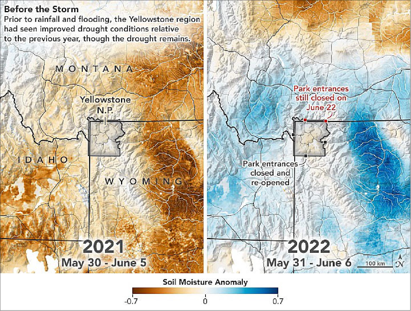 Figure 14: These maps show the soil moisture anomaly in northern Wyoming and southern Montana during the week before the storm. The maps were built with data from the Crop Condition and Soil Moisture Analytics (Crop-CASMA) product. Crop-CASMA integrates measurements from NASA's Soil Moisture Active Passive (SMAP) satellite and vegetation indices from the MODIS instruments on NASA's Terra and Aqua satellites. The left map shows soil moisture conditions between May 30 and June 5, 2021, when the state was experiencing more severe drought conditions. The image at right shows soil moisture conditions from May 31 to June 6, 2022, just before the rainfall (image credit: NASA Earth Observatory)