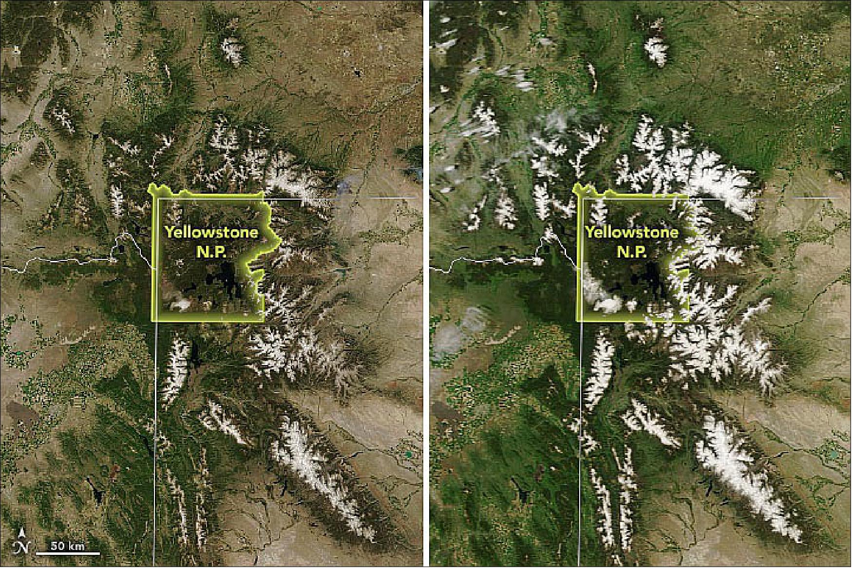 Figure 13: Despite a slow start to the 2021–2022 water year, a cool, wet spring brought much-needed water to the region, which has been experiencing drought conditions. In April, higher than median precipitation in the Yellowstone basin helped build up the snowpack on the ground, which had increased to nearly the 30-year median by May. The Moderate Resolution Imaging Spectroradiometer (MODIS) on NASA's Terra satellite captured these images comparing snowpack on June 16, 2022, to the snowpack on the same date in 2021 (image credit: NASA Earth Observatory images by Joshua Stevens, using soil moisture data from Crop Condition and Soil Moisture Analytics (Crop-CASMA) and MODIS data from NASA EOSDIS LANCE and GIBS/Worldview. Story by Sara E. Pratt)