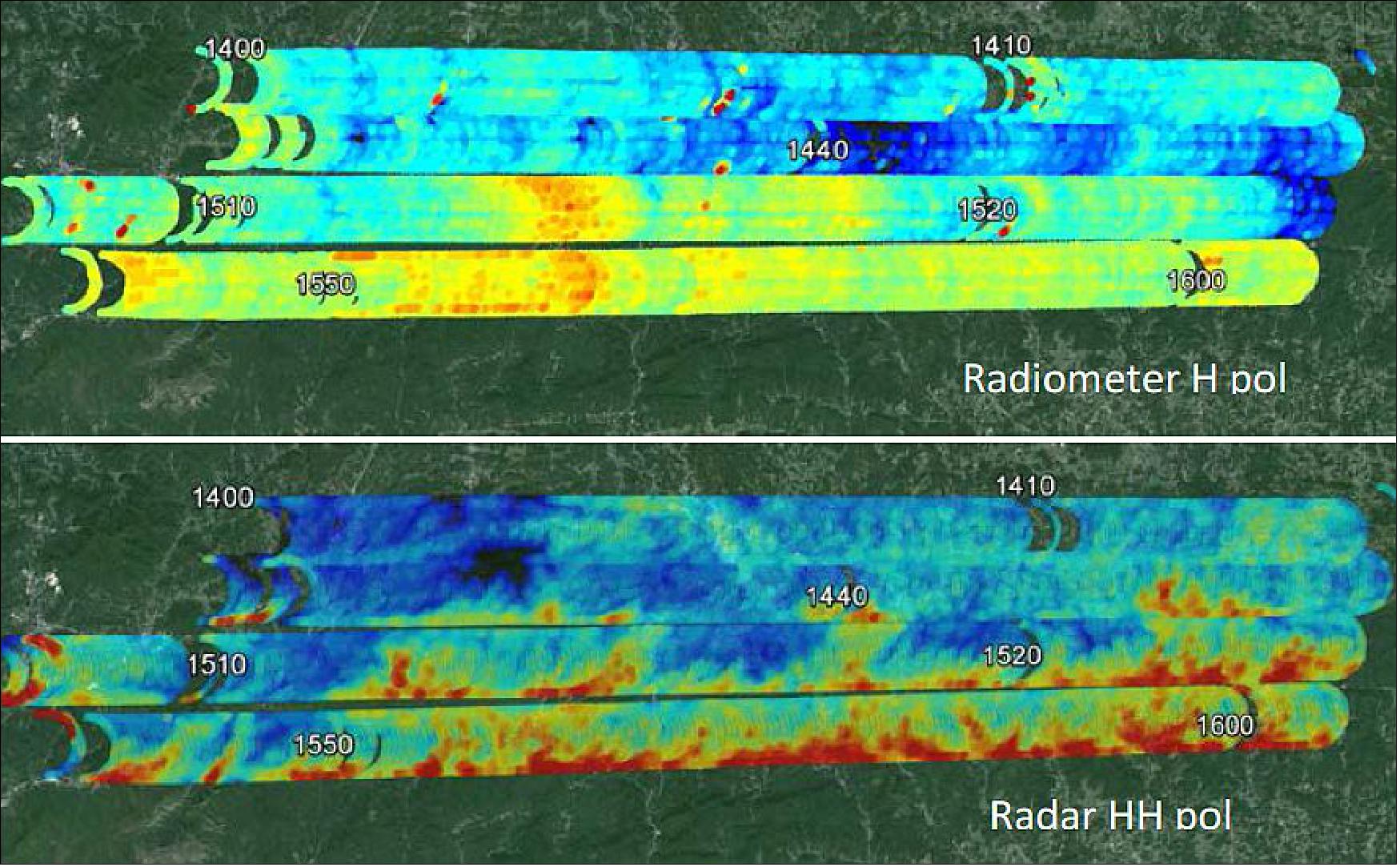 Figure 87: Simultaneous radiometer (top) and radar (bottom) imagery from IPHEX campaign. NE-facing fore half scans. The resolution varies from 200 m to 1000 m due to variable topography (image credit: NASA/GSFC)