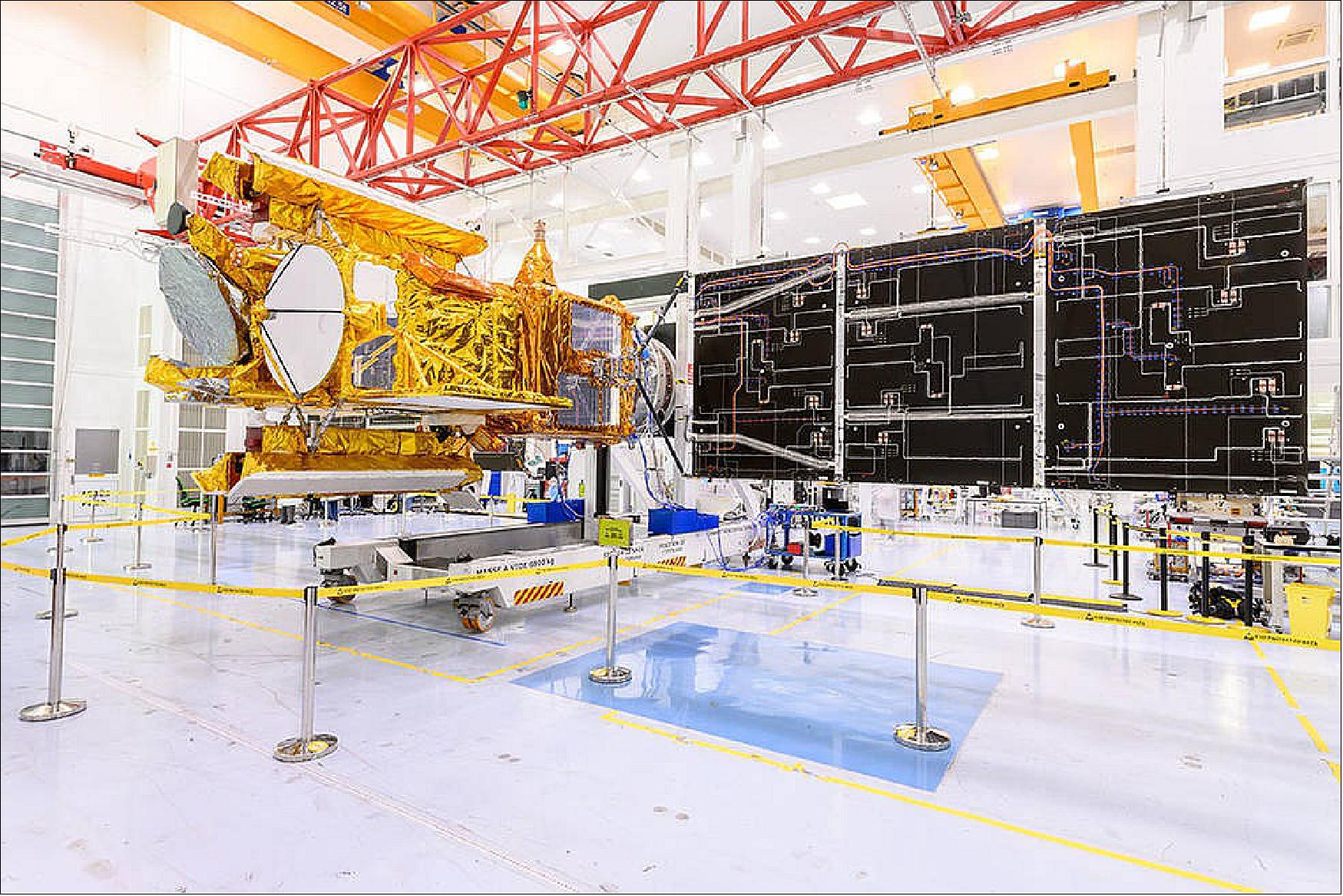 Figure 2: SWOT’s solar panels unfold as part of a test in January at a Thales Alenia Space facility in Cannes, France, where the satellite is being assembled. SWOT will measure elevations of Earth’s ocean and surface water, giving researchers information with an unprecedented level of detail (image credits: CNES/Thales Alenia Space)