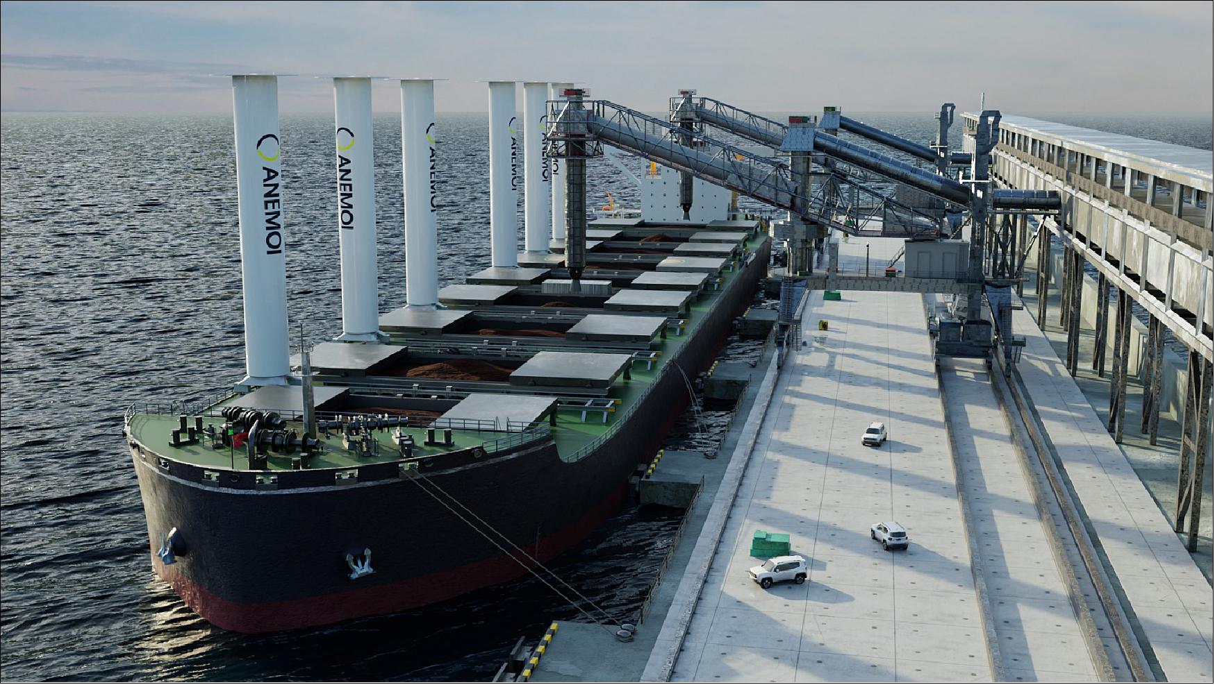 Figure 19: Lloyd’s Register has granted approval in principle (AIP) for an Oldendorff Carriers-owned 210,000 DWT Newcastlemax bulk carrier fitted with Anemoi rotor sails. The rotor sails are expected to reduce the EEDI score by 29 percent (image credit: VPO Global)