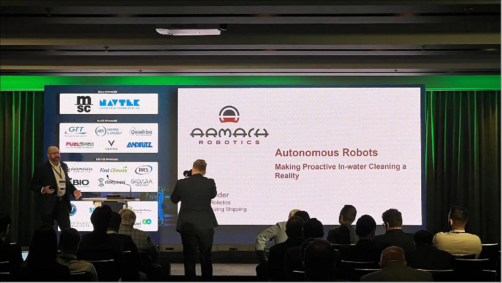 Figure 14: Armach Robotics’ Karl Lander speaking at the 3rd Decarbonising Shipping Forum, Hamburg (image credit: Armach Robotics)