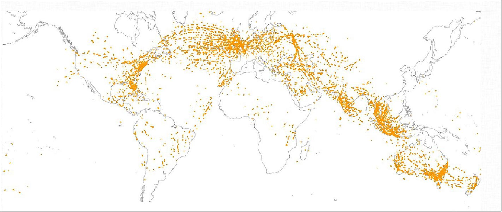 Figure 28: Spire single satellite ADS-B results. Data collection over recent 11 days, 1 hour per day: > 750K messages and > 250K positions (image credit: Spire Global)